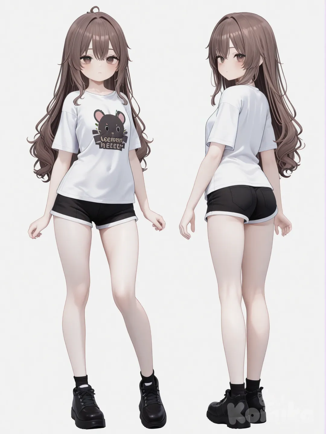 [3d-anime-style] 1girl, pale skin, dimples, brown_eyes, brown_hair, long_hair, tall, teenager, single character, full body, looking at viewer, anime style, simple background, white background