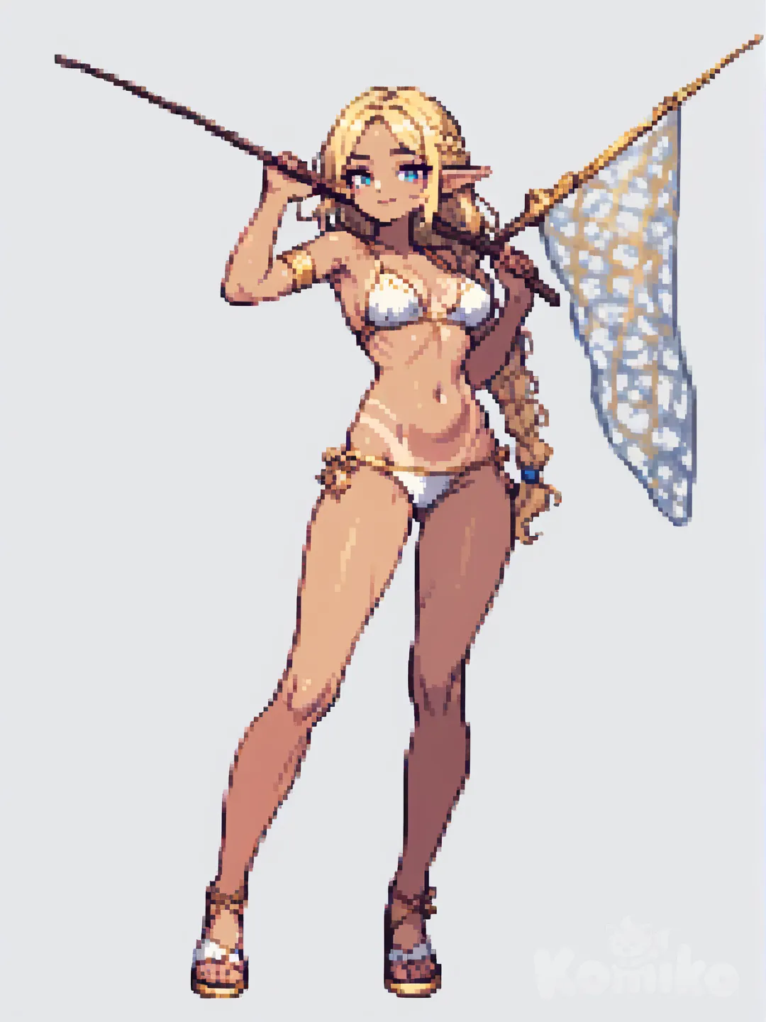 [soft-pixel-art-style], white background, full body, tall, elf girl, tan lines, skinny, braided golden hair, bikini with golden details, fishing net