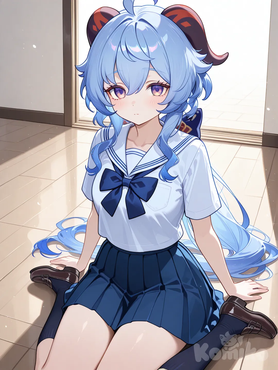 @Ganyu_(Genshin_Impact), sentada en el duelo, school uniform