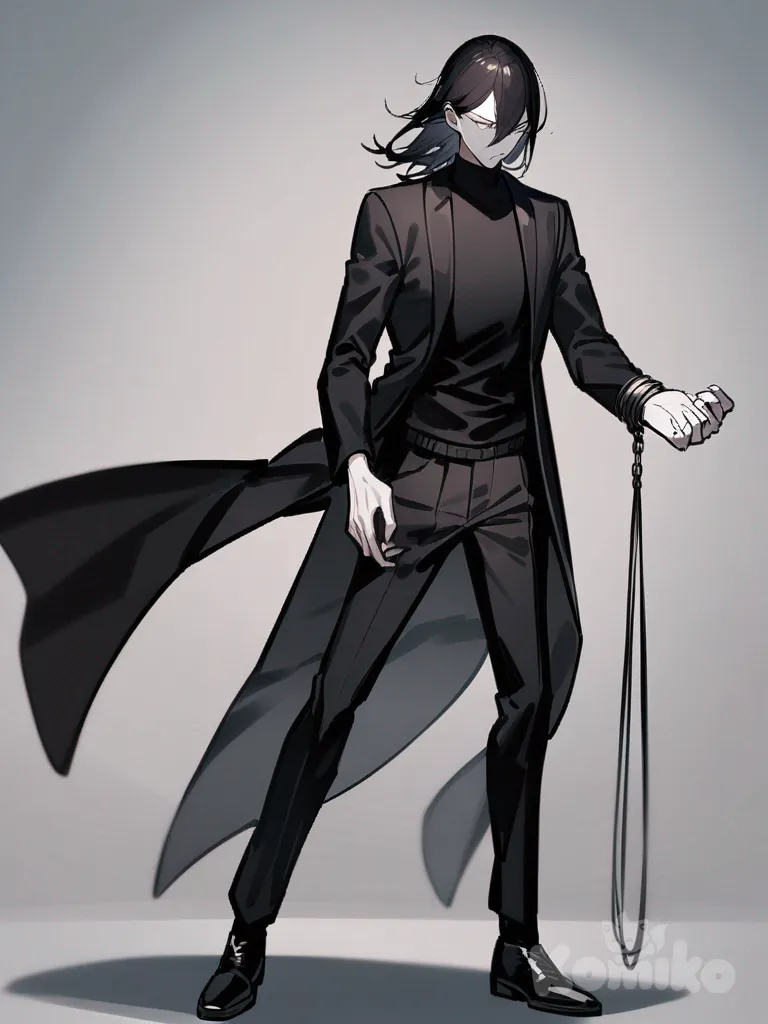 1boy, tall, slender, composed, refined demeanor, jet black hair, slightly tousled hair, sharp face, pale face, calm expression, distant expression, mysterious, sophisticated, all-black outfit, long overcoat, black turtleneck sweater, fitted trousers, polished black shoes, minimalist, striking style, power, restraint, casual pose, one hand in pocket, relaxed hand, enigmatic gentleman, single character, full body, looking at viewer, anime style, simple background, white background