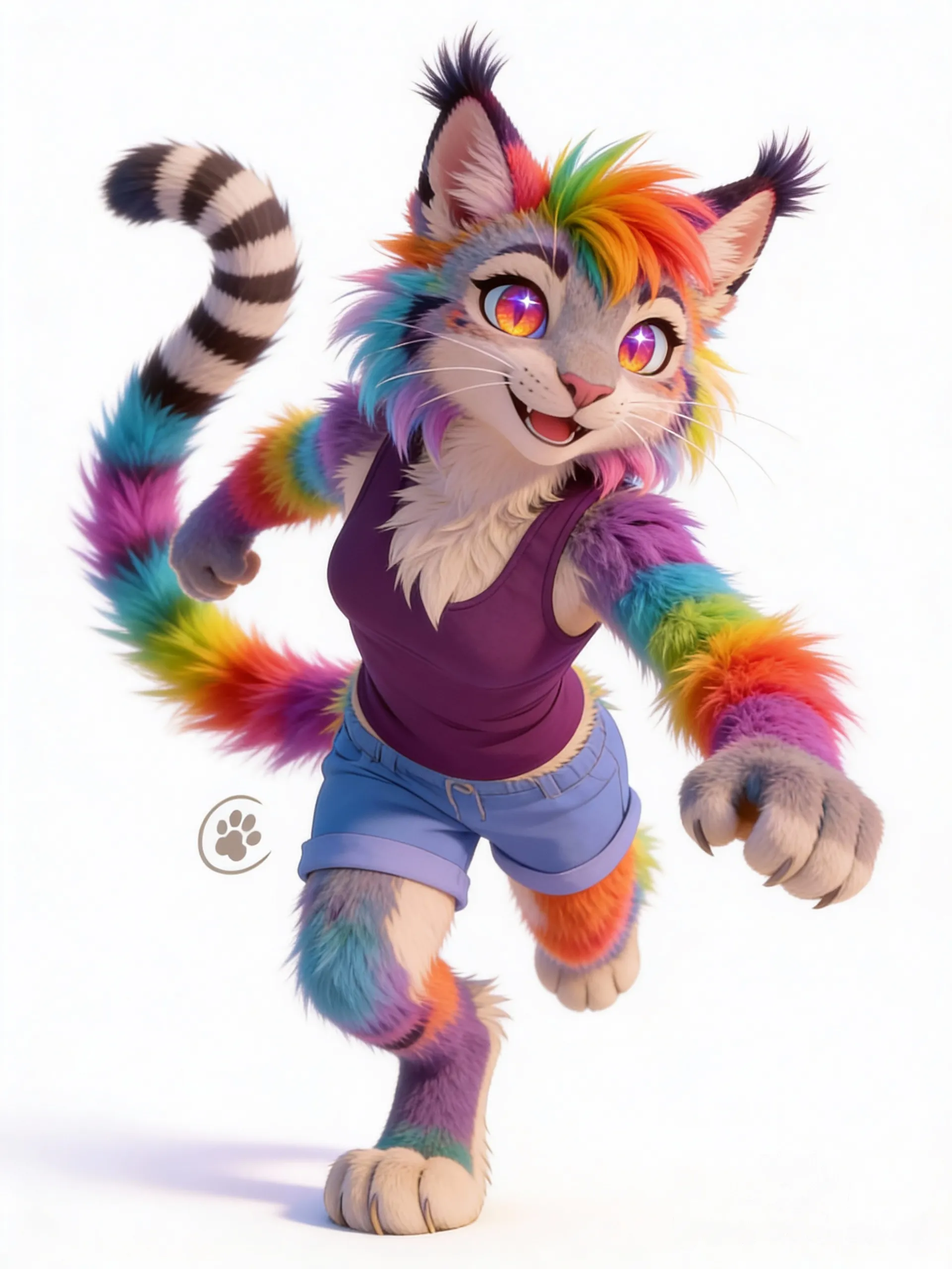 white background, furry, anthropomorphic character, cute, smiling, colorful fur, vibrant eyes, playful pose, [soft-light-illustration-style]