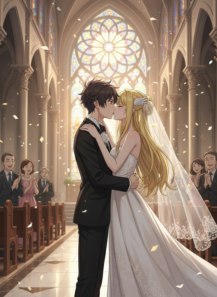 <vikir-van-baskerville-qjnI>, <dolores-l-quovadis-5mKO>, kissing, wedding clothes, church, anime style