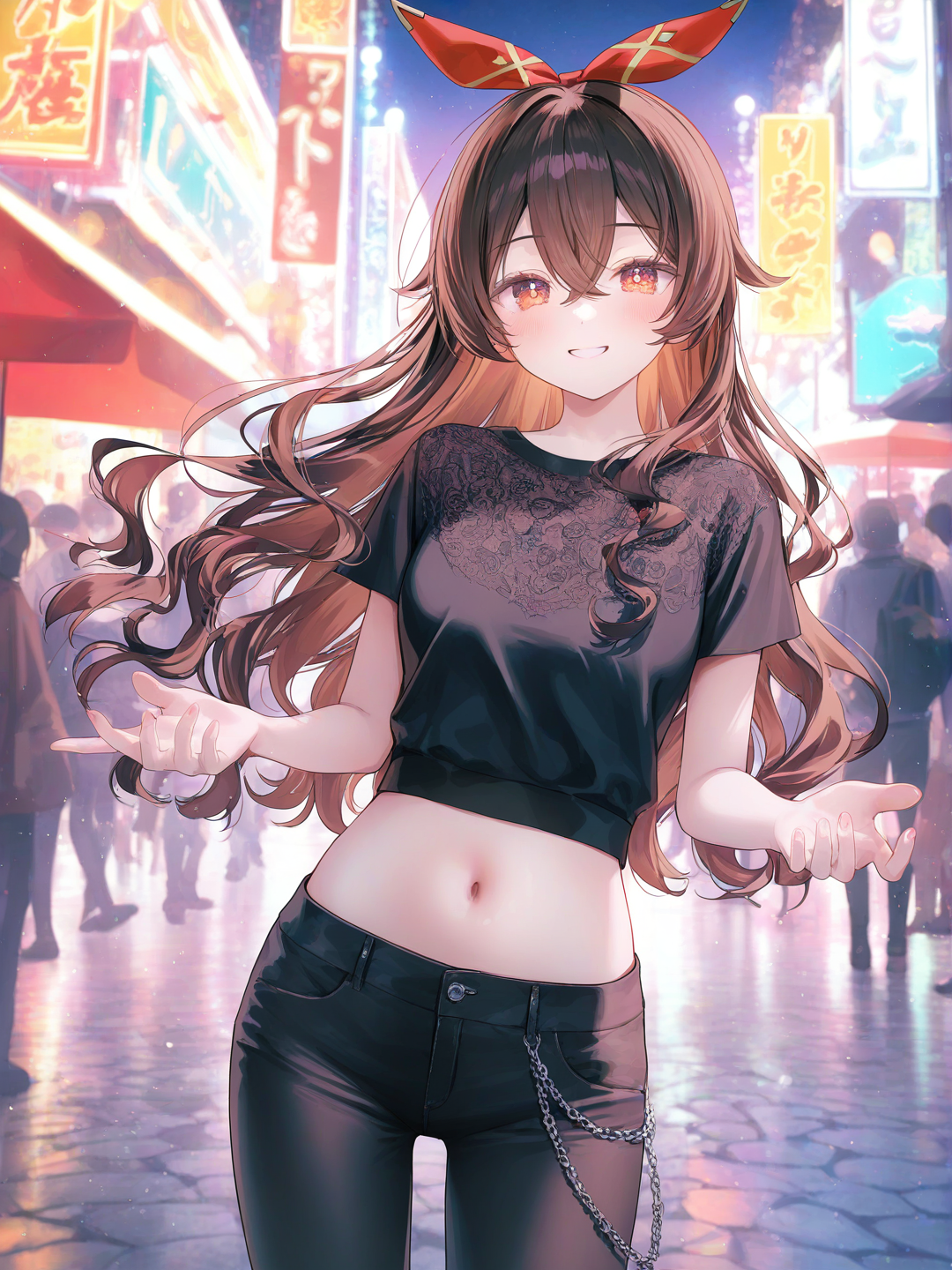 [soft-pastel-style], Amber (Genshin Impact), en un vibrante festival en Barcelona, una mujer deslumbra con su estilo único y seductor. Vestida con un top corto bordado y unos pantalones ajustados, su look resalta tanto su figura como su espíritu libre y audaz. Sus ojos brillan con determinación y alegría, mientras que su cabello cae en ondas naturales sobre sus hombros. Los colores vivos y la energía del festival se reflejan en cada detalle del ambiente, desde las luces parpadeantes hasta la música que inunda el aire, haciendo que la presencia de esta chica sea tan impactante como inolvidable, encarnando la fusión del arte urbano y la moda contemporánea.