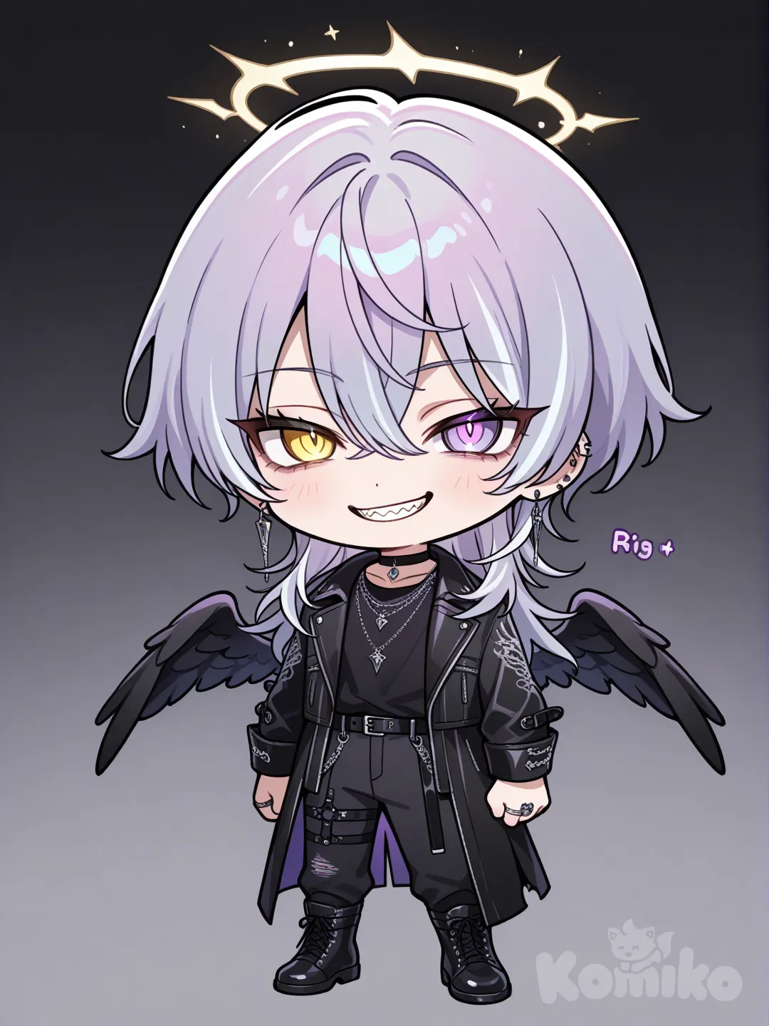 堕天使の男子 紫髪ロングウルフヘアー
髪の毛のインナーカラー銀 右目金 左目紫
金色の目が怪しく光る
指輪 ネックレス チョーカー
ミニキャラ 八重歯 怪しいえみ 
初見さんの文字入れて