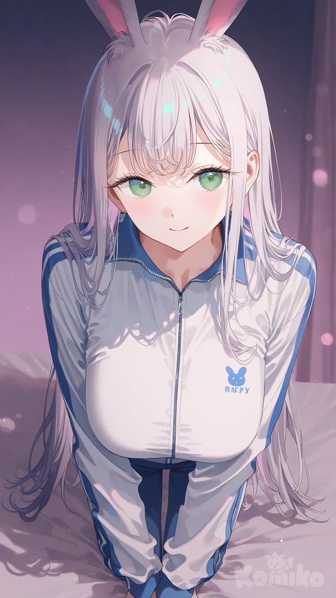 [iridescent-style], 1girl, cat girl, rabbit ears, tracksuit, blush, smile, kneeling on bed, lovely style bedroom, (huge breasts:2.8), long silver hair, blue highlights, green eyes