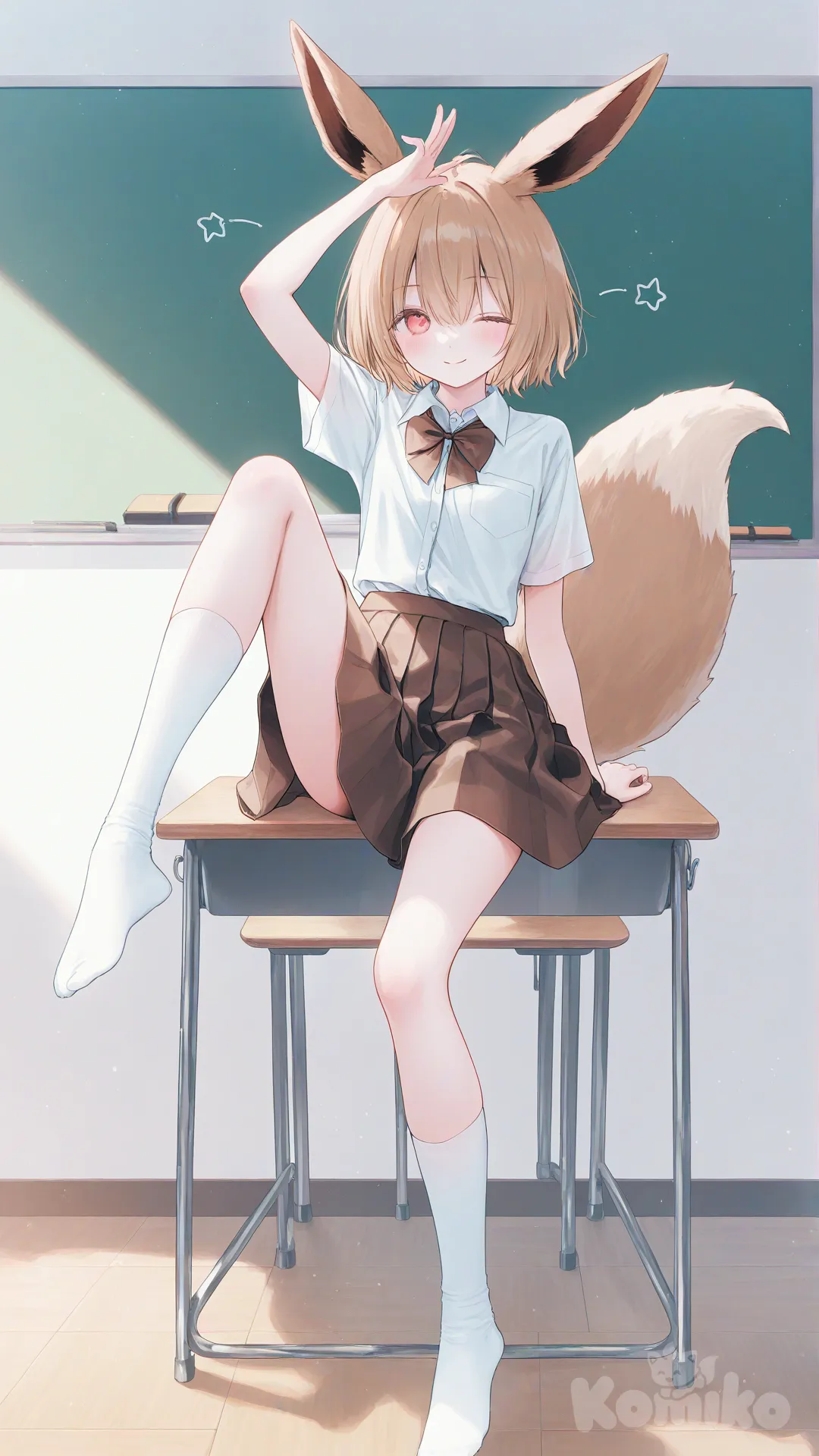 @Eevee, 拟人, school uniform, 白色上衣, 棕色裙子, full body, closeup, classroom, blush, smile, one eye closed, [soft-pastel-style], 坐在书桌上, white socks