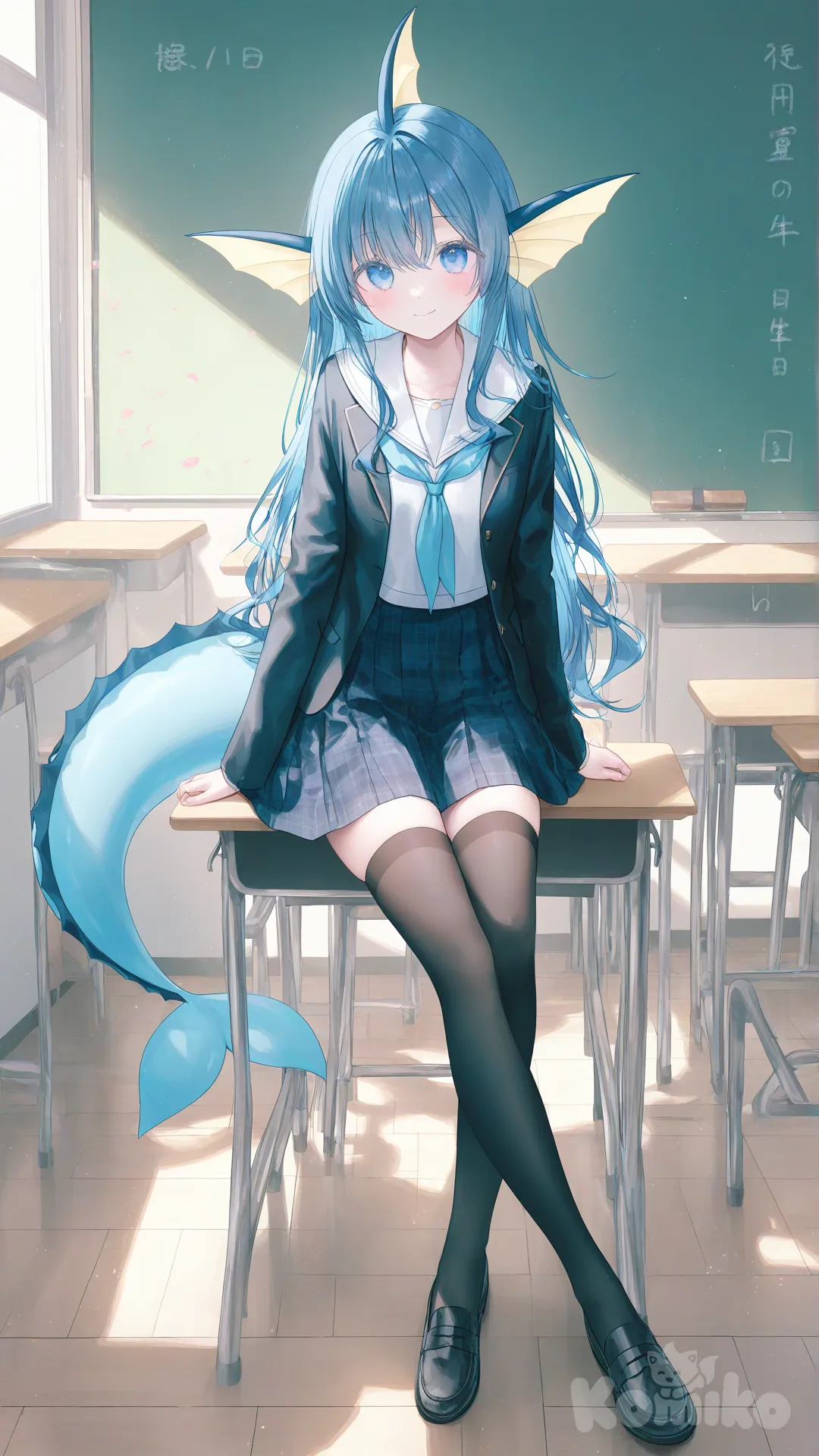 Vaporeon拟人, school uniform, full body, closeup, classroom, blush, smile, [soft-pastel-style], 坐在书桌上, stockings, elegant