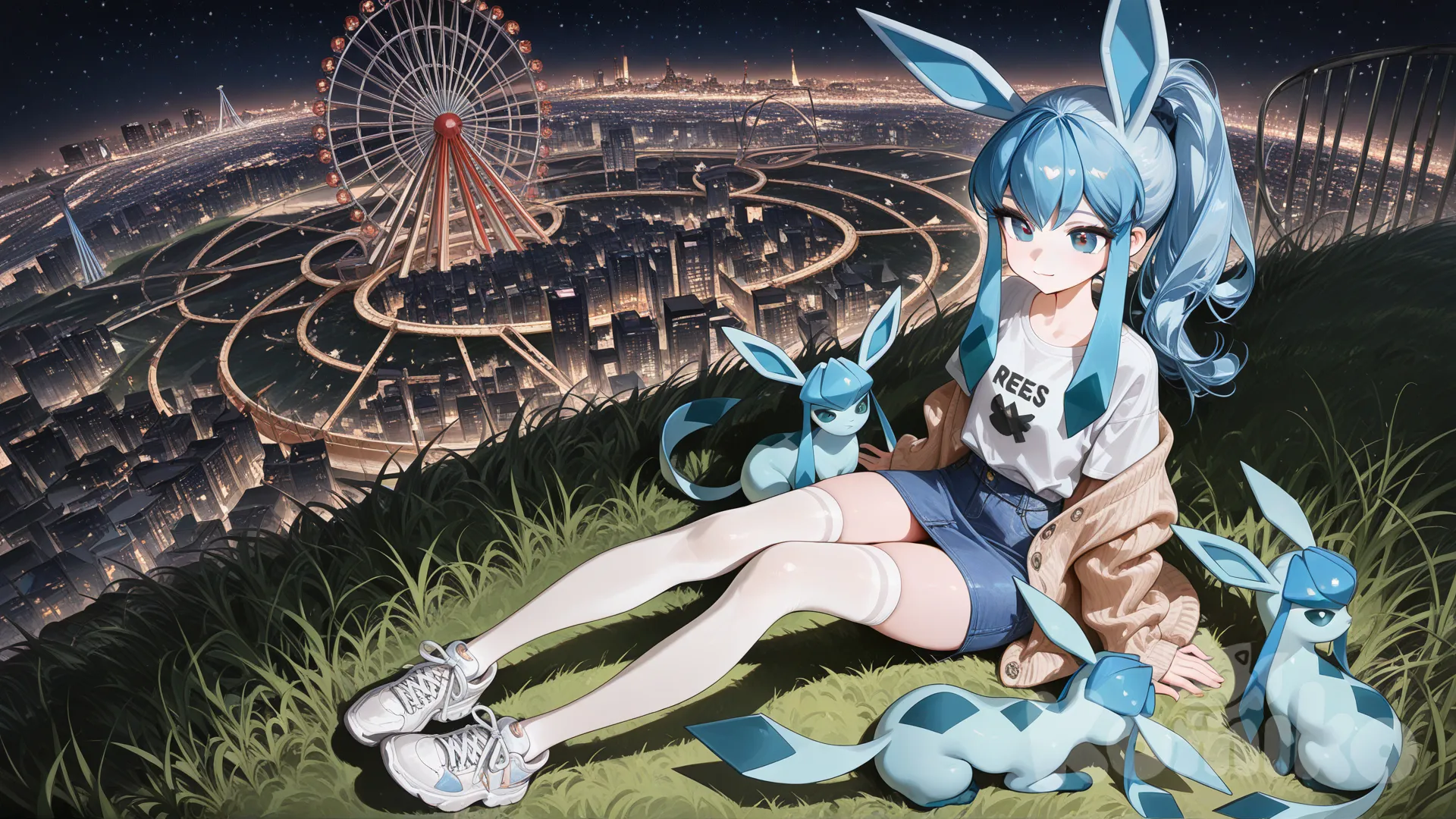 @Glaceon, 拟人化, high ponytail, knitted cardigan, t-shirt, denim skirt, 白丝袜, 休闲鞋, sitting on the ground, starry sky, ferris wheel, city lights, full body, from above, [high-gloss-illustration-style], smile, grassland