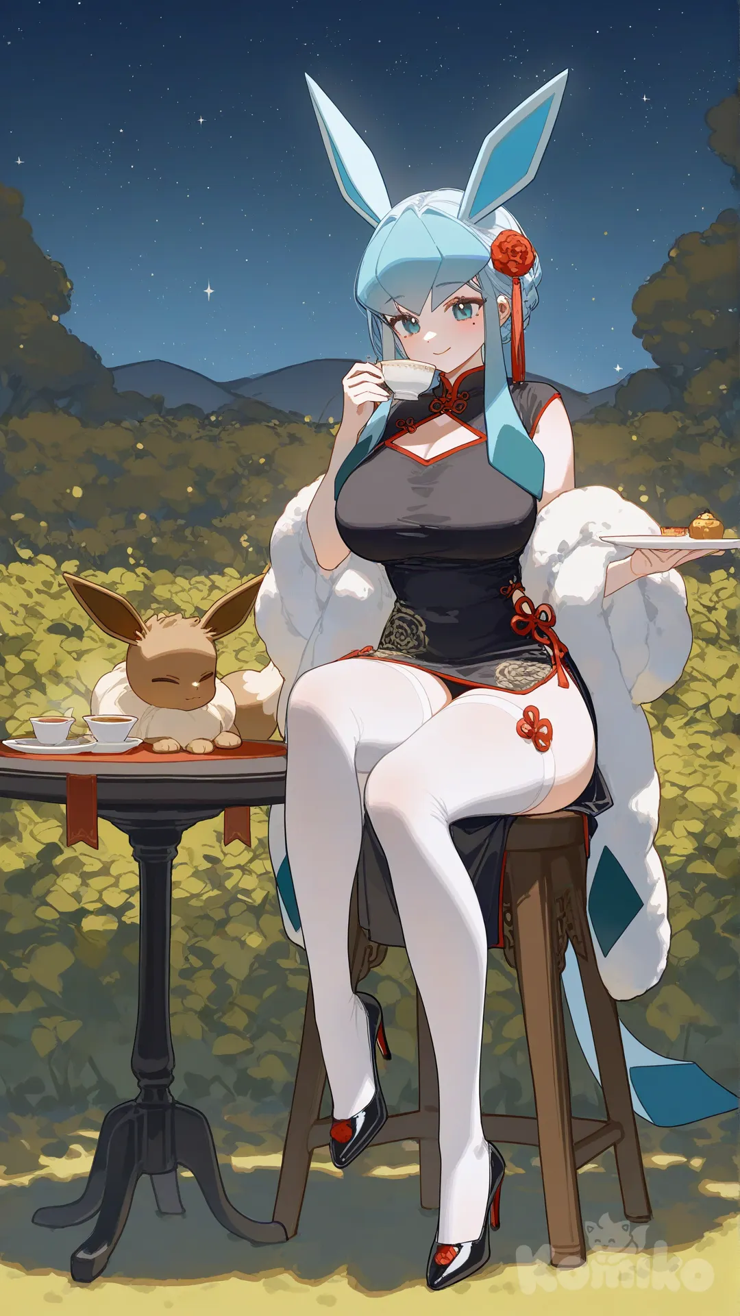 @Glaceon拟人化, large breasts, wearing Qipao, 白丝袜, 古风高跟鞋, 坐在茶桌旁的凳子上喝茶, Eevee躺在脚边, night, garden, starry sky, [lacquered-illustration-style]