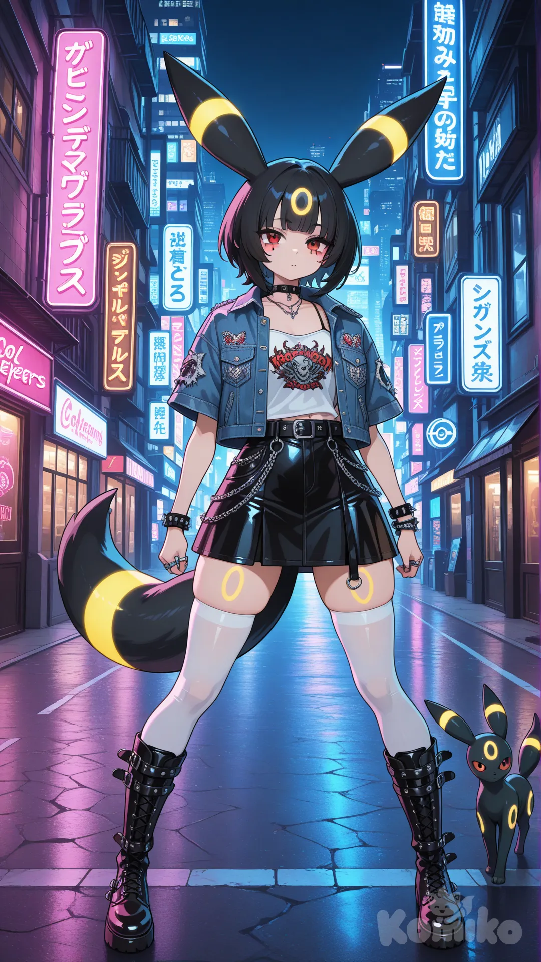 Umbreon拟人化, cool girl, 穿着吊带背心, 外搭朋克风短袖牛仔外套, 超短裙, 白色长筒袜, 皮质长靴, 站在城市街道上, 1girl, full body, night, neon lights, skyscraper