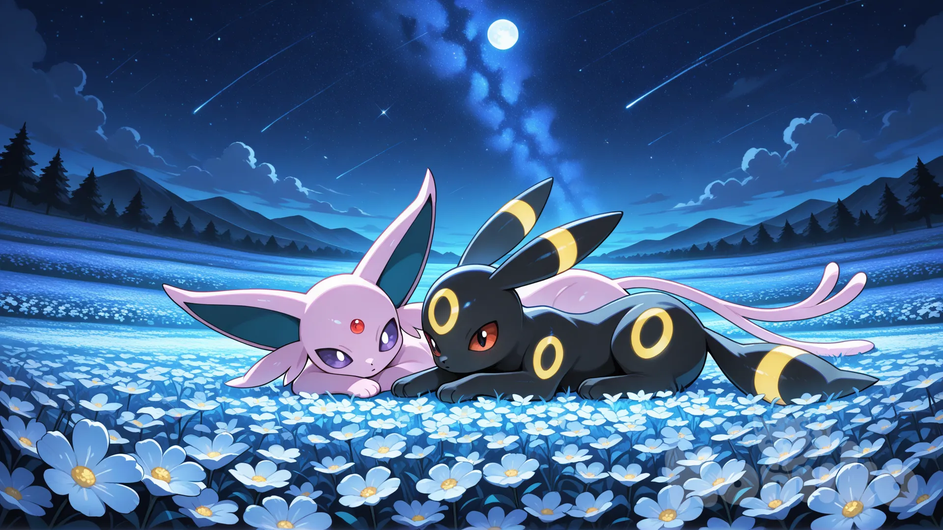 Umbreon and Espeon, 在花田上躺着, night, moonlight, starry sky