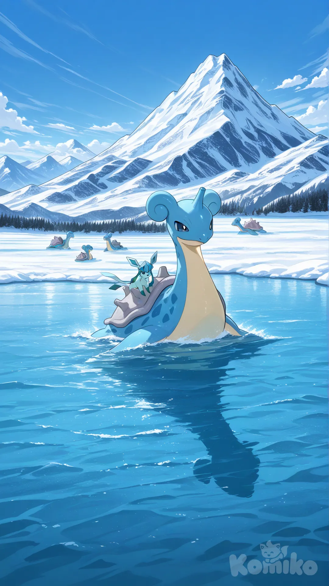 Glaceon骑在Lapras背上, Lapras在湖面上游着, 背景是雪山, day, closeup, highly cloud