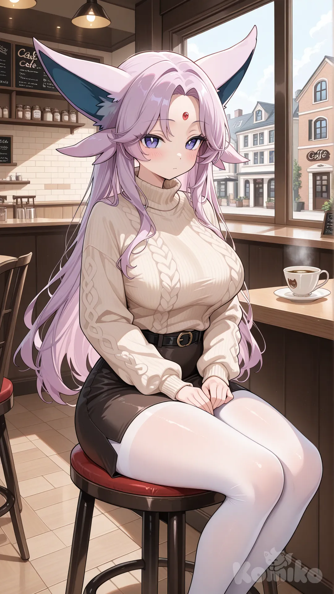 Espeon, cafe, 针织毛衣, 超短裙, 白色丝袜, large breasts