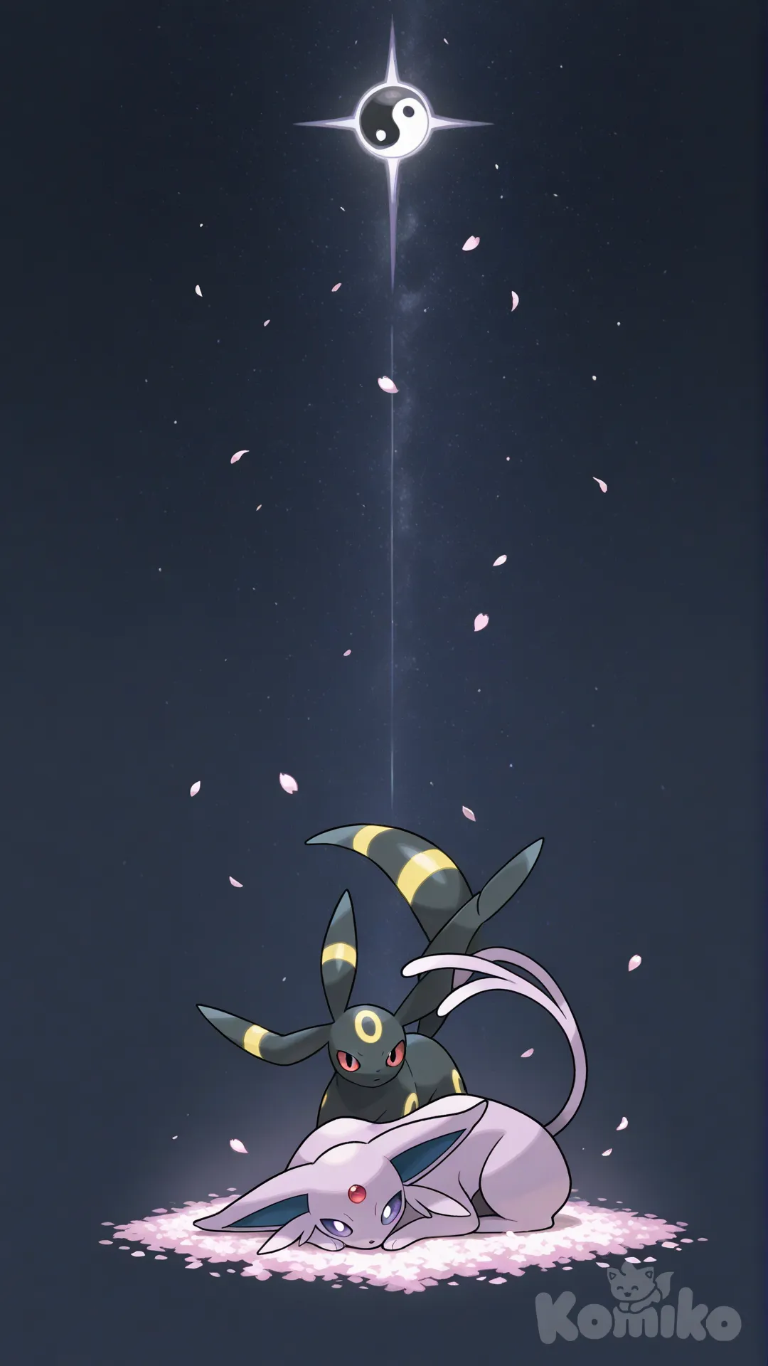 9:16, pokemon official art style, sugimori ken style, nintendo artwork, clean and simple background,
a huge classic black and white taiji yin-yang symbol lying flat on the ground as platform, traditional fish shape with two small dots,
umbreon lying on the white half, yellow rings glowing softly, red eyes, black fur,
espeon lying on the black half, purple fur, red gem on forehead,
both looking at viewer, relaxed pose, starry night sky, cherry blossom petals falling, soft moonlight, serene and elegant, extremely sharp focus