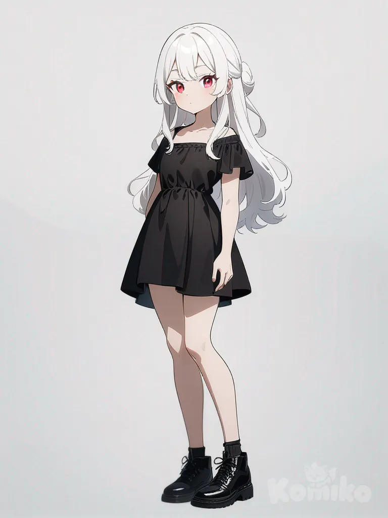 1girl, teenager, scrawny, long hair, white hair, red eyes, fair skin, little black dress, single character, full body, looking at viewer, anime style, simple background, white background