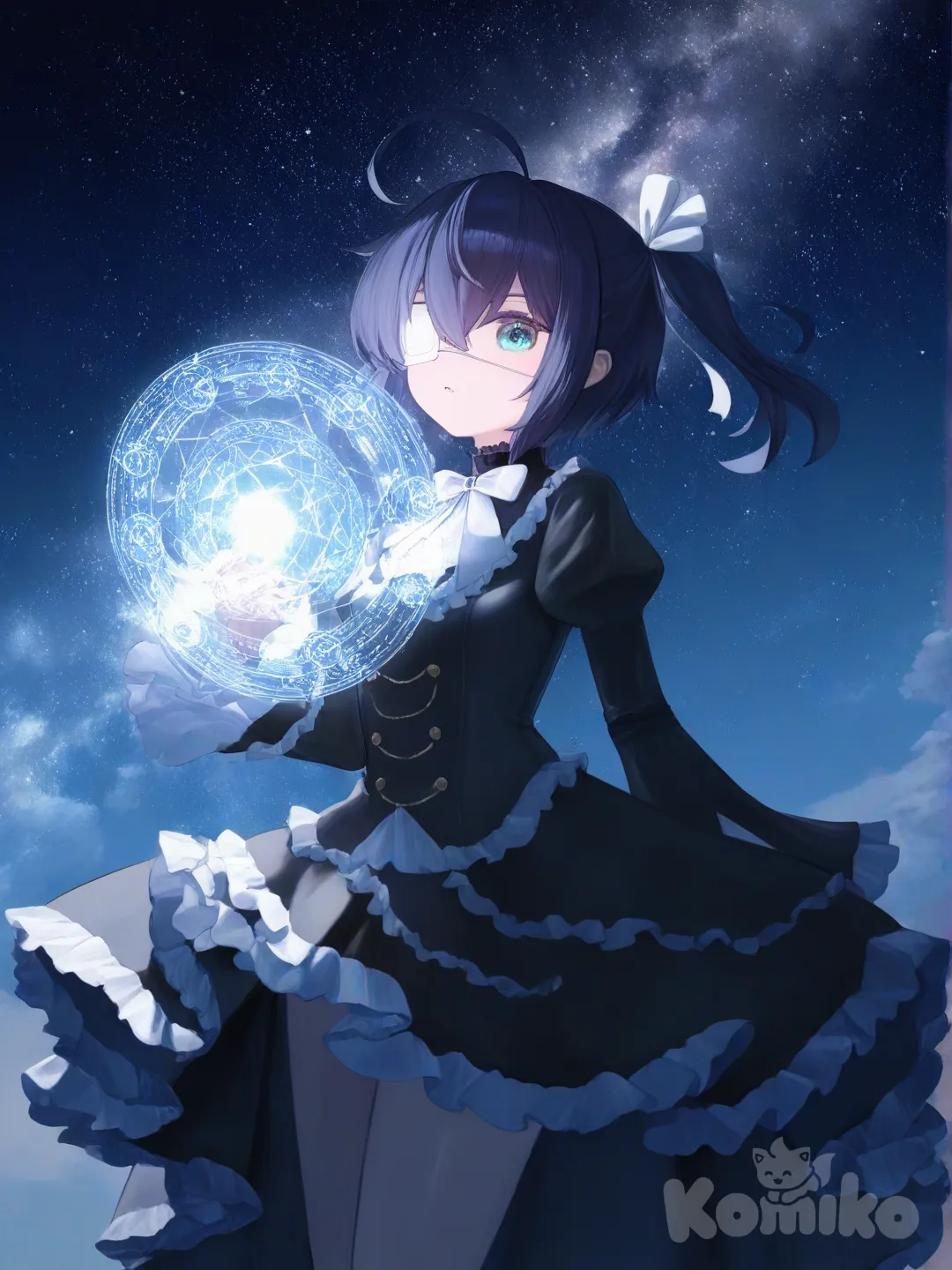 [moody-glow-style], takanashi rikka, gothic lolita, eyepatch, magic circle, night sky, @Atago_(Azur_Lane)