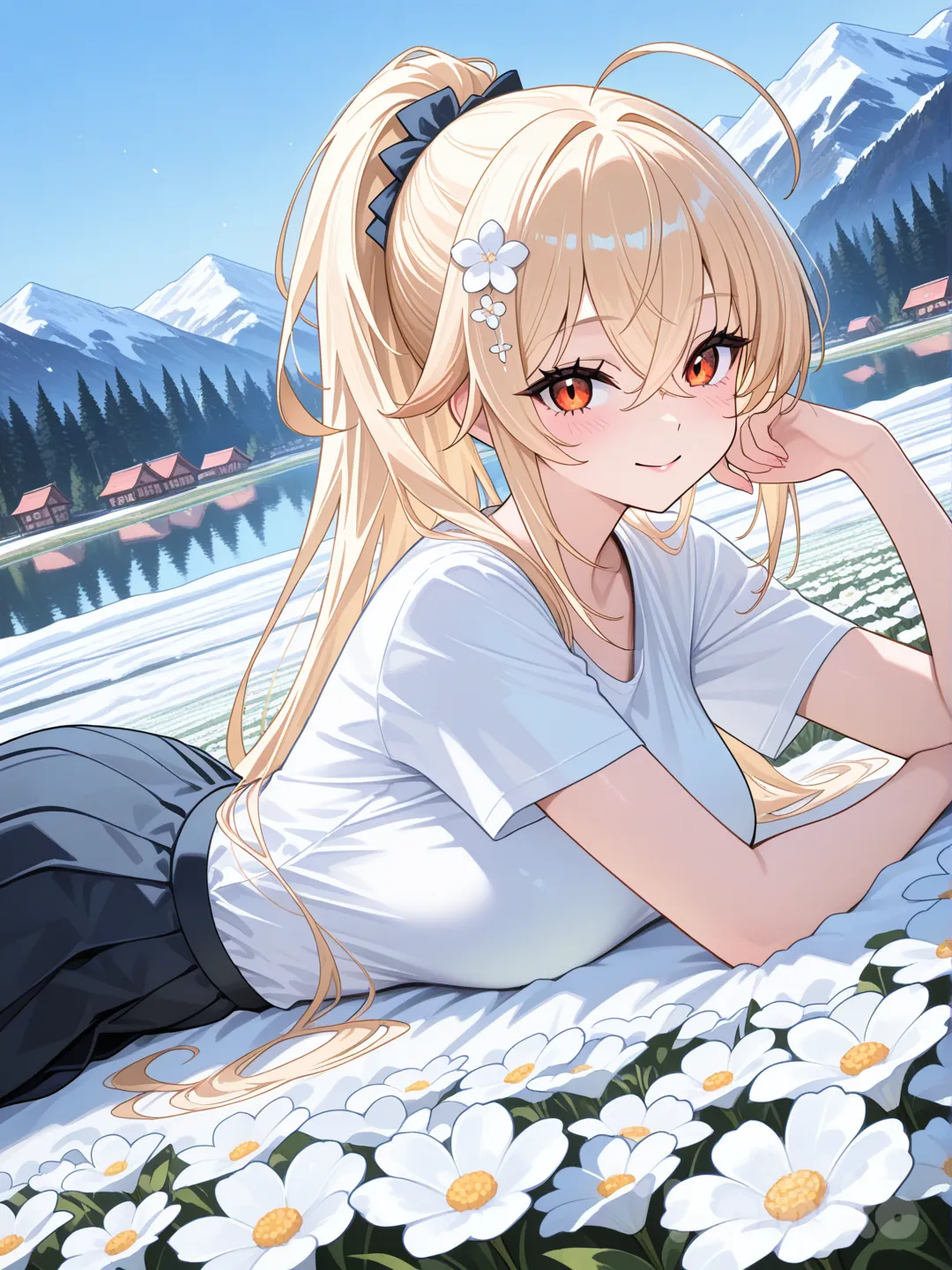 1girl, nice skirt, nice футболка, hair accessory, beautiful blonde high ponytail, closeup, medium long shot, cinematic lighting,nice blue sky, forest, village, горы снежные вдалеке, smile, incredible lake, flower field, on stomach лежит элегантно, she has beautiful orange eyes (1.7), ясная погода потрясающая, работа камеры на высшем уровне на персонажа р.S. разрешаю внести небольшие изменения,чтобы вышло красиво
@Taihou_(Azur_Lane)