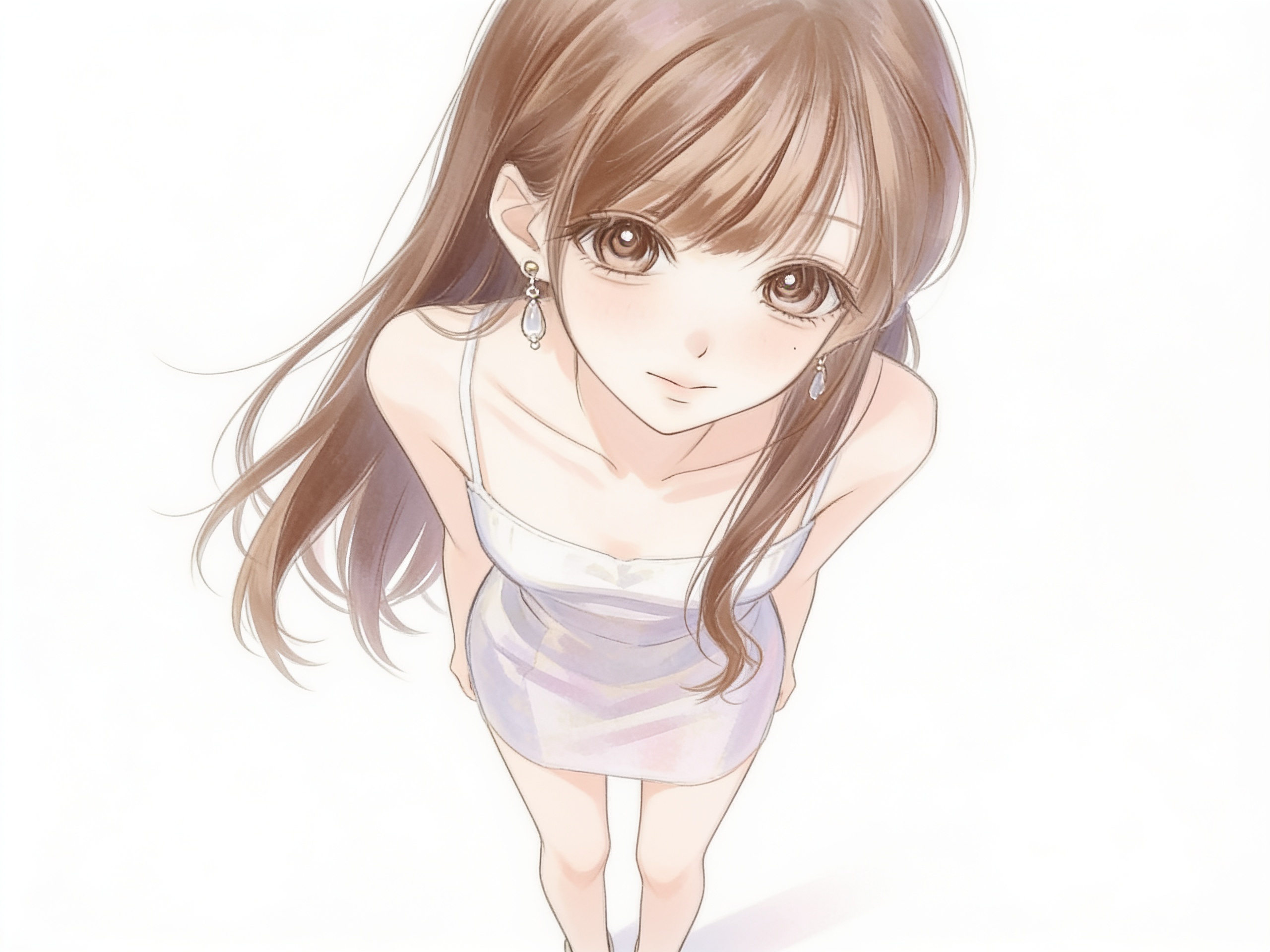 [soft-pastel-style]1girl, teenager, slim, brown hair, long hair, brown eyes, fair skin, dress, earrings, single character, full body, looking at viewer, anime style, simple background, white background, anime style