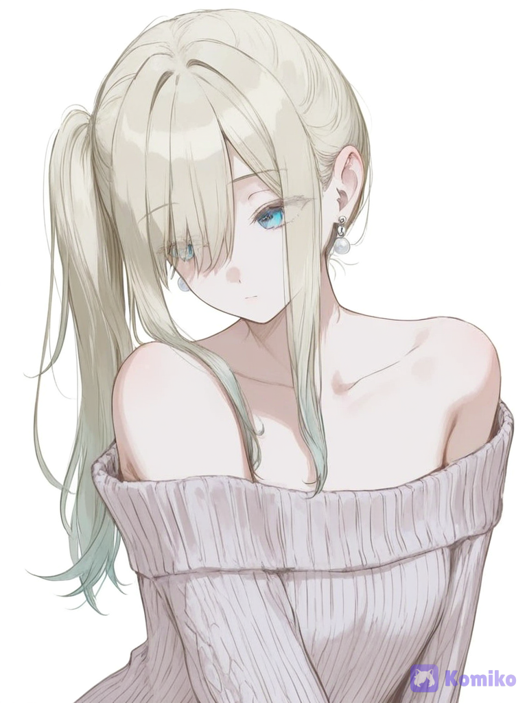 [sweet-pastel-style], Art Style: Soft digital anime/manhua illustration, clean webtoon aesthetics, delicate line art, smooth shading.
Subject: A young woman with fair skin, soft expression, light blue eyes, and delicate facial features looking slightly to the side with a gentle, thoughtful expression.
Hair & Accessories: * Hair: Platinum blonde or light ash-blonde hair styled in a loose, elegant side ponytail with soft strands framing her face and ears.
Jewelry: A subtle, classic pearl drop earring on her visible ear.
Clothing & Lighting: * Outfit: Soft lavender/purplish off-the-shoulder knit top with subtle ribbing or textured frills.
Lighting & Background: Clean, minimalist white background with bright, soft overhead lighting, creating a radiant and dreamy atmosphere. High light tone, warm pastel color palette., 1000028438, 1girl, @-bzzl, 1boy, 1girl, 2people