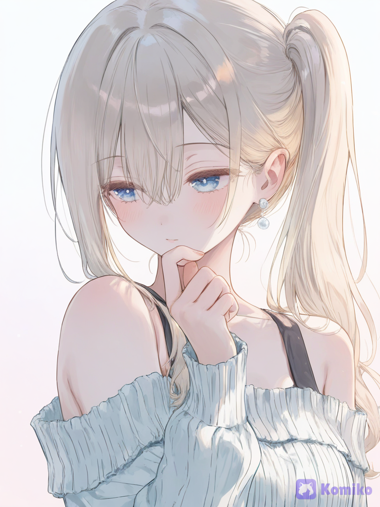 [sweet-pastel-style], Art Style: Soft digital anime/manhua illustration, clean webtoon aesthetics, delicate line art, smooth shading.
Subject: A young woman with fair skin, soft expression, light blue eyes, and delicate facial features looking slightly to the side with a gentle, thoughtful expression.
Hair & Accessories: * Hair: Platinum blonde or light ash-blonde hair styled in a loose, elegant side ponytail with soft strands framing her face and ears.
Jewelry: A subtle, classic pearl drop earring on her visible ear.
Clothing & Lighting: * Outfit: Soft lavender/purplish off-the-shoulder knit top with subtle ribbing or textured frills.
Lighting & Background: Clean, minimalist white background with bright, soft overhead lighting, creating a radiant and dreamy atmosphere. High light tone, warm pastel color palette., 1000028438, 1girl, @-bzzl, 1boy, 1girl, 2people, ethereal lighting, rim light