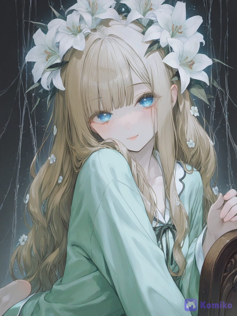 [sweet-pastel-style], @elena-T8QN, @-bzzl, 1girl, blonde hair, olive green, sitting on a chair, bow, loose hair, barefoot, silk, pajamas, upper body, ethereal lighting