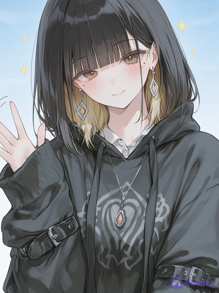 [sweet-pastel-style], 1girl, @-bzzl, waving, blush, smile, oversized hoodie, jeans, silk, arm bands, bow, scarf, bohemian shirt, blonde hair, black hair, loose hair, knee-high boots, fuchsia, navy blue, upper body, sparkle, day