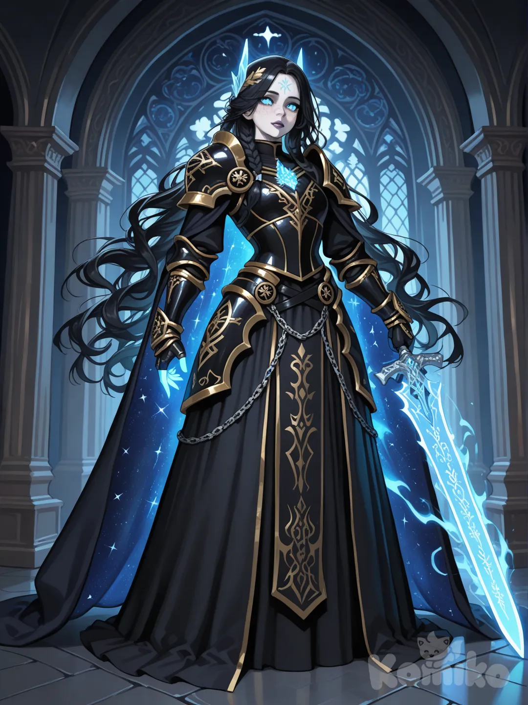 A highly original character: a tall, elegant female warrior-mage in her early 20s, standing confidently, pale moonlit skin with a faint ethereal glow, subtle silver freckles across her cheeks and shoulders, sharp yet beautiful facial features with high cheekbones, soft angular jawline, full lips, piercing almond-shaped eyes glowing icy cyan with faint arcane runes reflected in the pupils. Long flowing hair reaching past her waist, obsidian black fading into silver at the tips, slightly wavy as if moved by magic, partially braided with thin silver chains and glowing rune charms. Wearing ornate arcane armor combining lightweight dark steel and enchanted fabric, matte black surface engraved with glowing icy-blue sigils, elegant and form-fitting rather than bulky. Asymmetrical shoulder armor, one armored pauldron and one draped with a tattered enchanted cloak shimmering like starlight, cloak interior resembling a night sky filled with faint constellations. Chest armor embedded with a softly pulsing magical crystal core, engraved gauntlets with subtle glowing energy around the fingers, layered enchanted battle skirt flowing with movement. Holding a sleek arcane blade forged of dark metal and glowing runes, faint magical mist surrounding it. Atmosphere is mystical and cinematic, dramatic lighting, high fantasy setting, ultra-sharp focus, realistic textures, epic fantasy art style, highly quality.