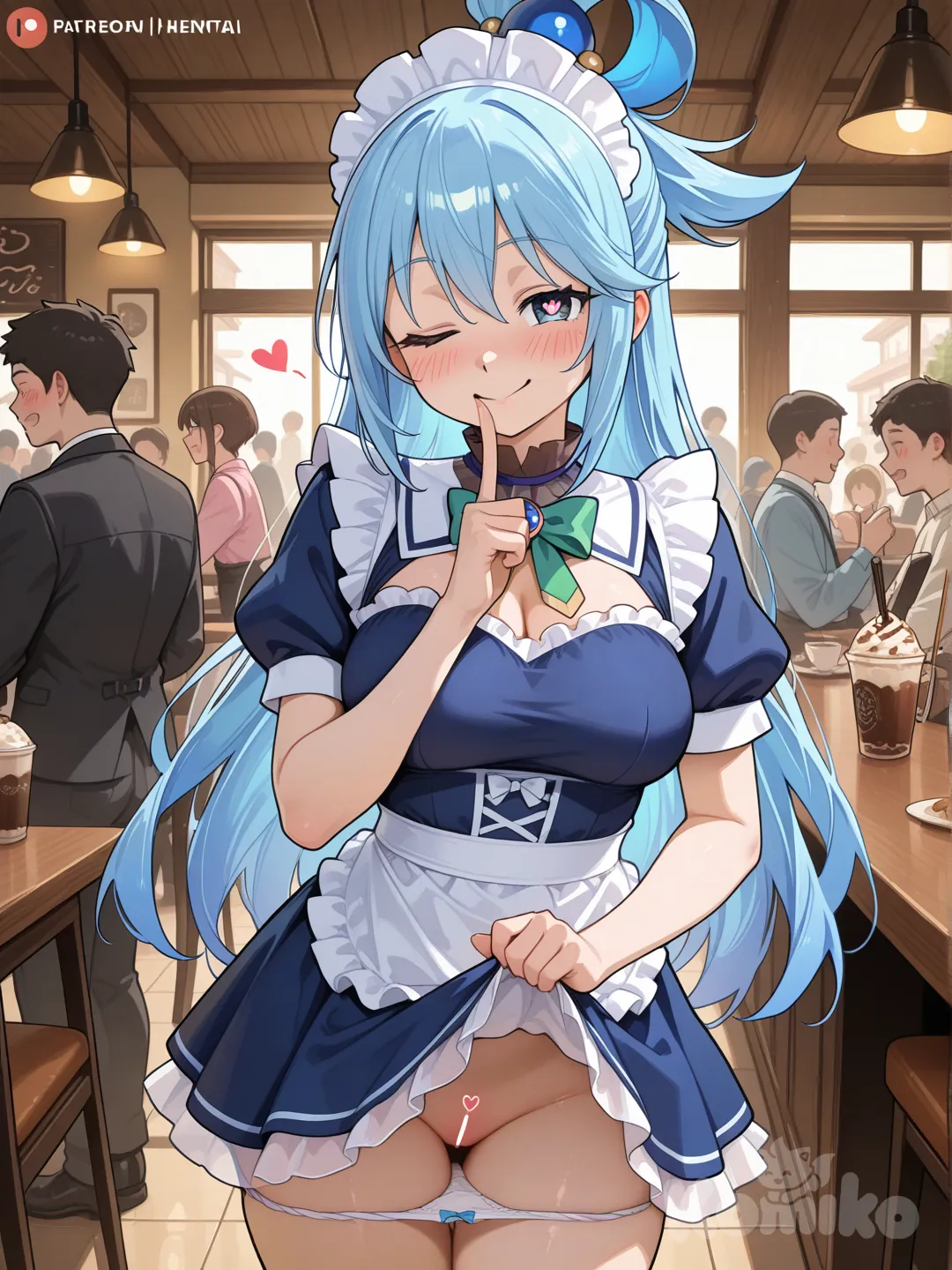 aqua từ konousba, hentai, mặc đồ hầu gái, dâm đãng, 1 tay vén váy gạ chịch, 1 tay đặt lên môi, không gian xung quanh ấm áp, ở quán cà phê, xung quanh có người, mặc nhìn thẳng người xem, 1 mắt nhắm, 1 mắt mở, mặt gợi tình dễ thương