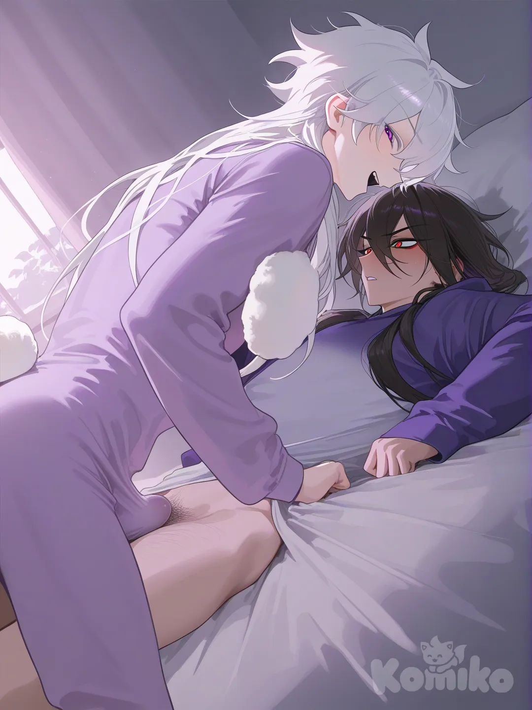 muscular manhwa style, two people, side profile, yaoi, anime style, white hair seme, white onesie, bunny tail, purple hair uke, purple onesie, large bed, crawling, stopped, looking back, blushing, dark half-lidded eyes, possessive expression, pulling, hips, grinding, erection, dynamic angle, intimate, fabrics, soft shadows