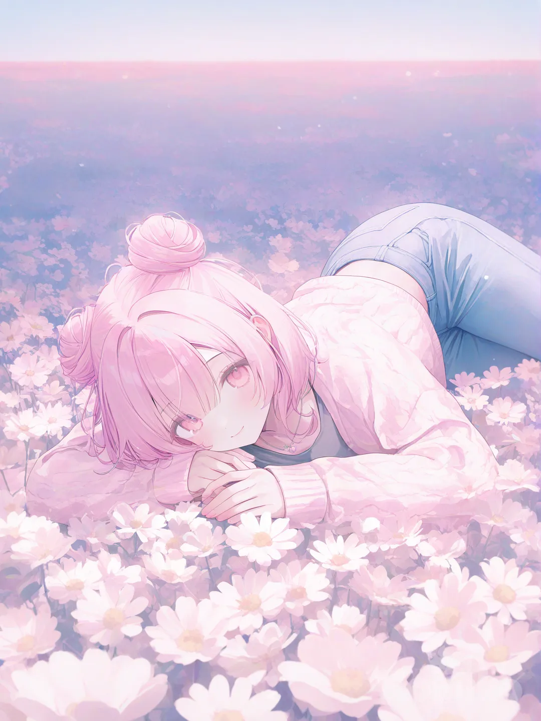 1girl, [soft-pastel-style], lie on stomach, knitted cardigan, jeans, necklace, double buns, pastel baby pink, depth of side light, flower , flower field