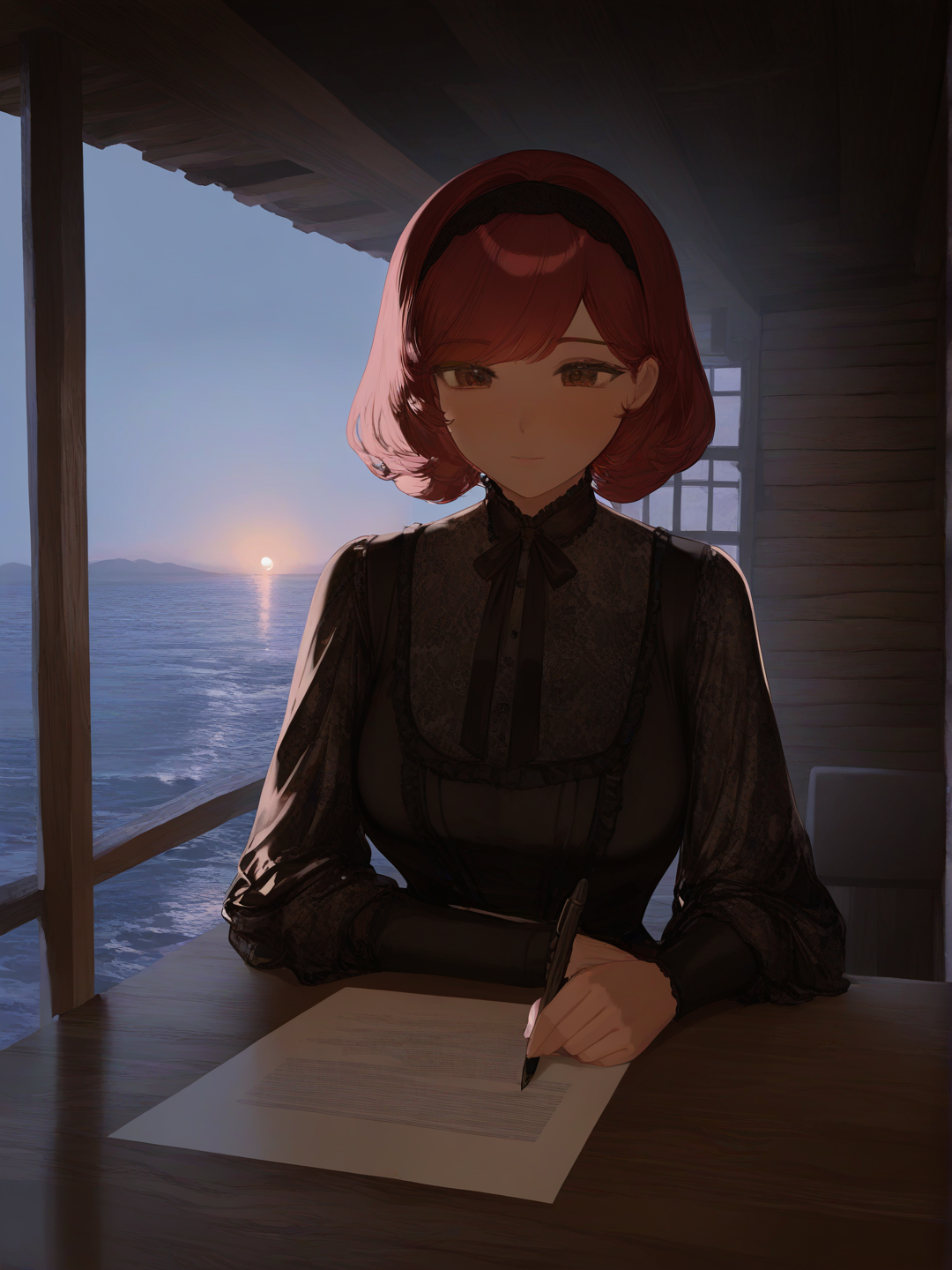 1girl, mature female, red hair, bob cut, black hairband, upturned brown eyes, lolita fashion, long sleeve dress, sitting at a desk, writing in a ledger, wood cabin with a window that looks out at the ocean, ambient light, [moody-glow-style]