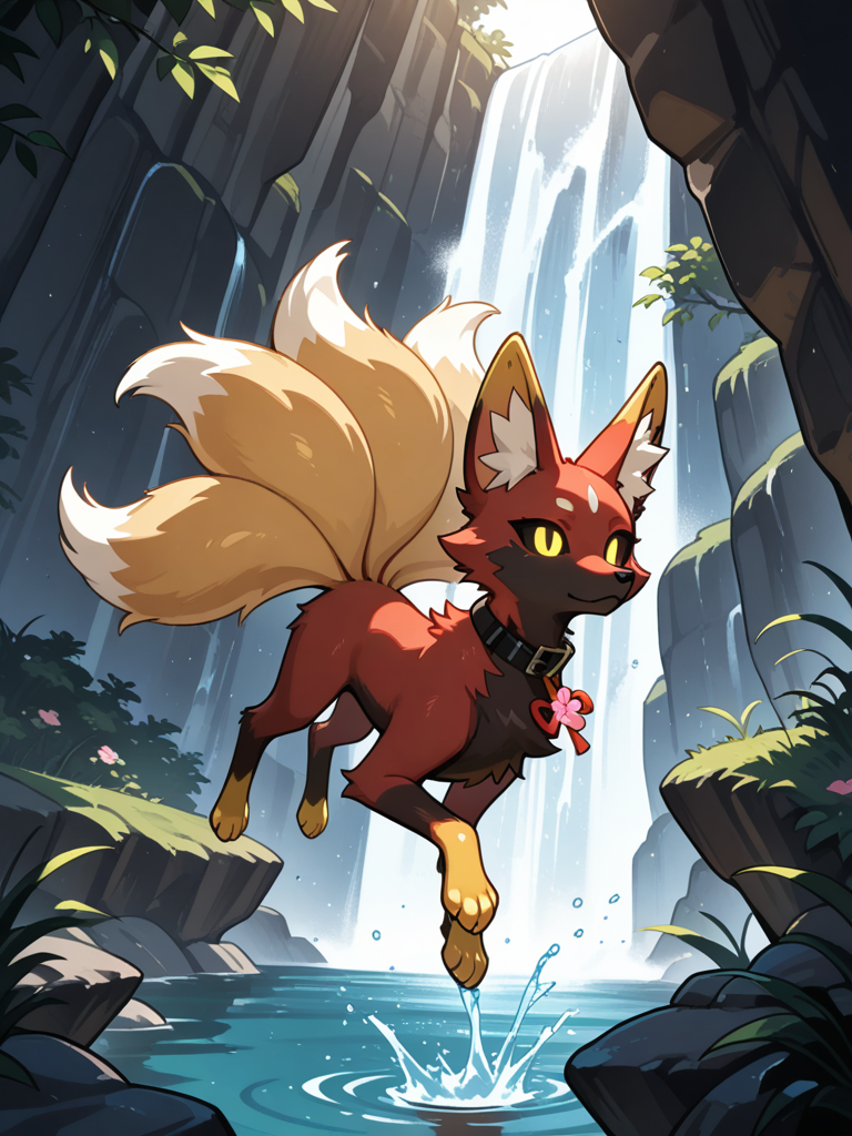 Kitsune, fox form, dark red fur, golden ear tips, golden tail tips, golden fur paws, golden irises, slit pupils, black scleras, red ribbon collar with blossom pendant, day, waterfall, cliff, jumping, falling