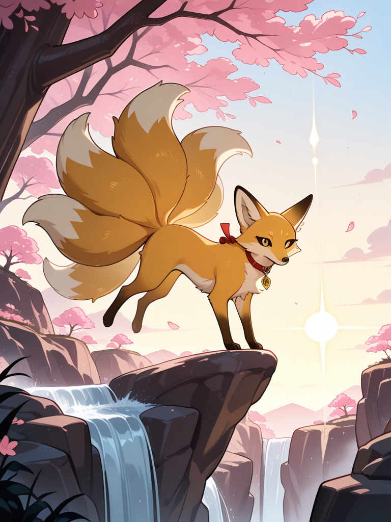 Kitsune, fox form, dark red fur, ear tips golden fur, tail ends golden fur, golden irises, slit pupils, black scleras, red ribbon collar with blossom pendant, day, looking at viewer, tails floating above body, jumping off cliff, waterfall