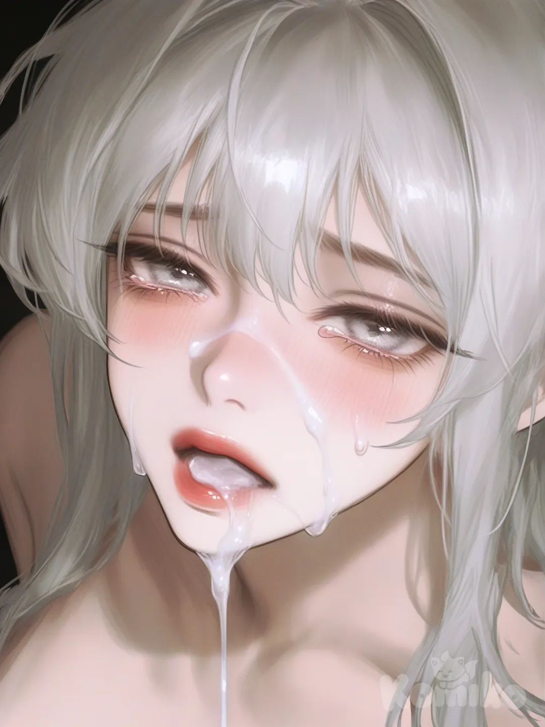 blowjob, cumshot, crying with eyes open, pov, open mouth, white hair, white eyes, no clothes, [semi-realistic-portrait-style] so much cum, cumming on face