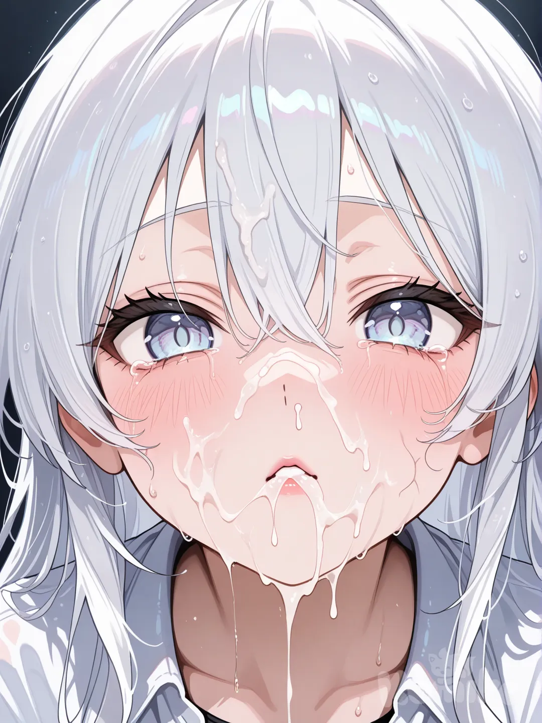 обильно кончили в рот, кончили на лицо, много спермы, слюнявый рот, слезы из глаз, влажное лицо, открытая одежда, pov, сперма вытекает изо рта, светлые глаза, белые волосы