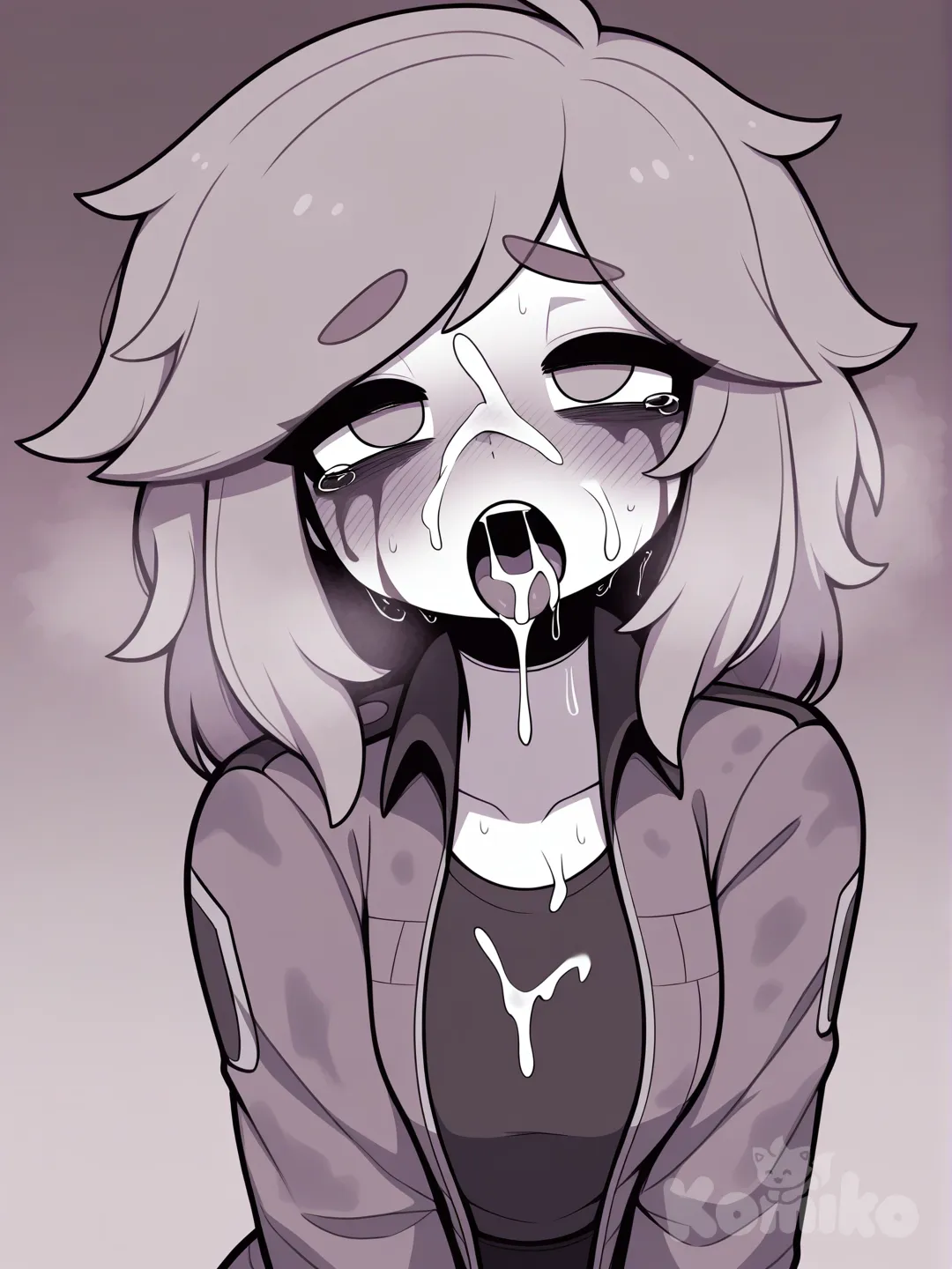 pov, обильно кончили на лицо и в рот, сперма на лице, сперма течет изо рта, сперма во рту, очень много спермы, из глаз текут слезы, пар, отдышка, ахегао, влажное лицо, слюни, потекший макияж, покрасневшие щеки, сперма стекает на остальное тело, открытая одежда, military uniform, [pop-toon-style]