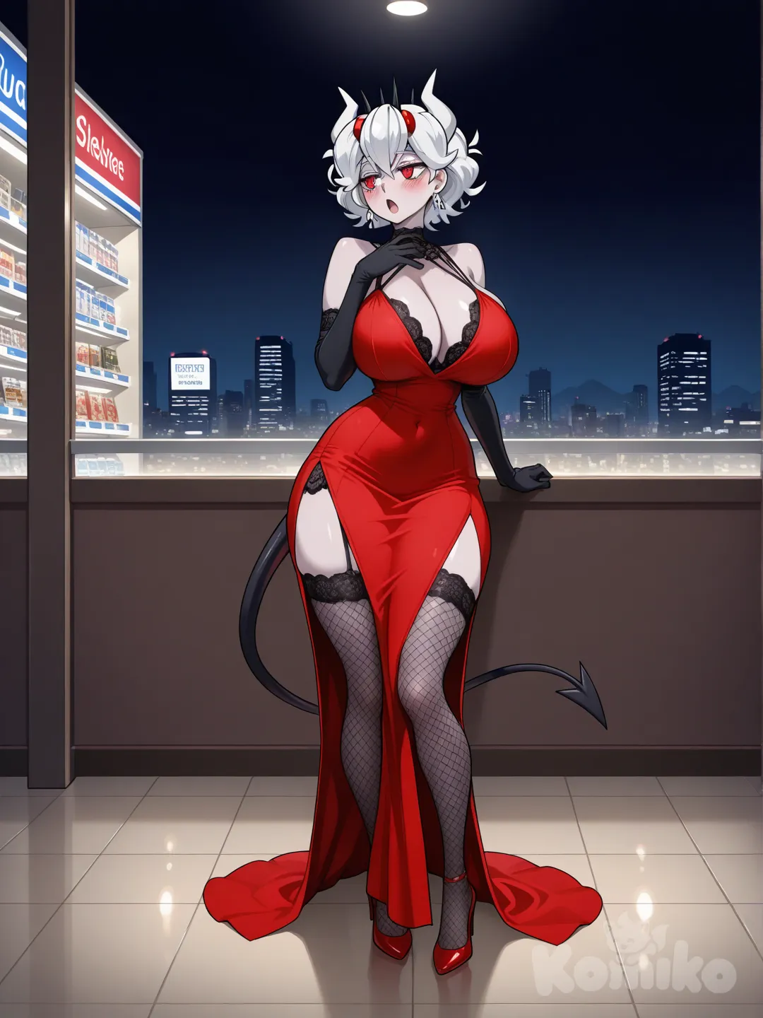 Voluptuous mature Beelzebub (Helltaker), exaggerated hourglass figure, extremely wide rounded hips, large pendulous breasts, narrow waist. Pale flawless skin, crimson slit-pupil eyes, white hair, ivory horns, thin black dart-tipped tail. Digital illustration, anime-inspired, semi-realistic, anatomy, dramatic lighting, dark background.

, looking away, city lights, convenience store, ultra-, ultra-wide shot, singing, blush

Ella usa un vestido rojo escotado, medias de red de encaje negro , tacones altos y guantes elegantes negros largos.

( Su vestido es sensual pero no revelador )