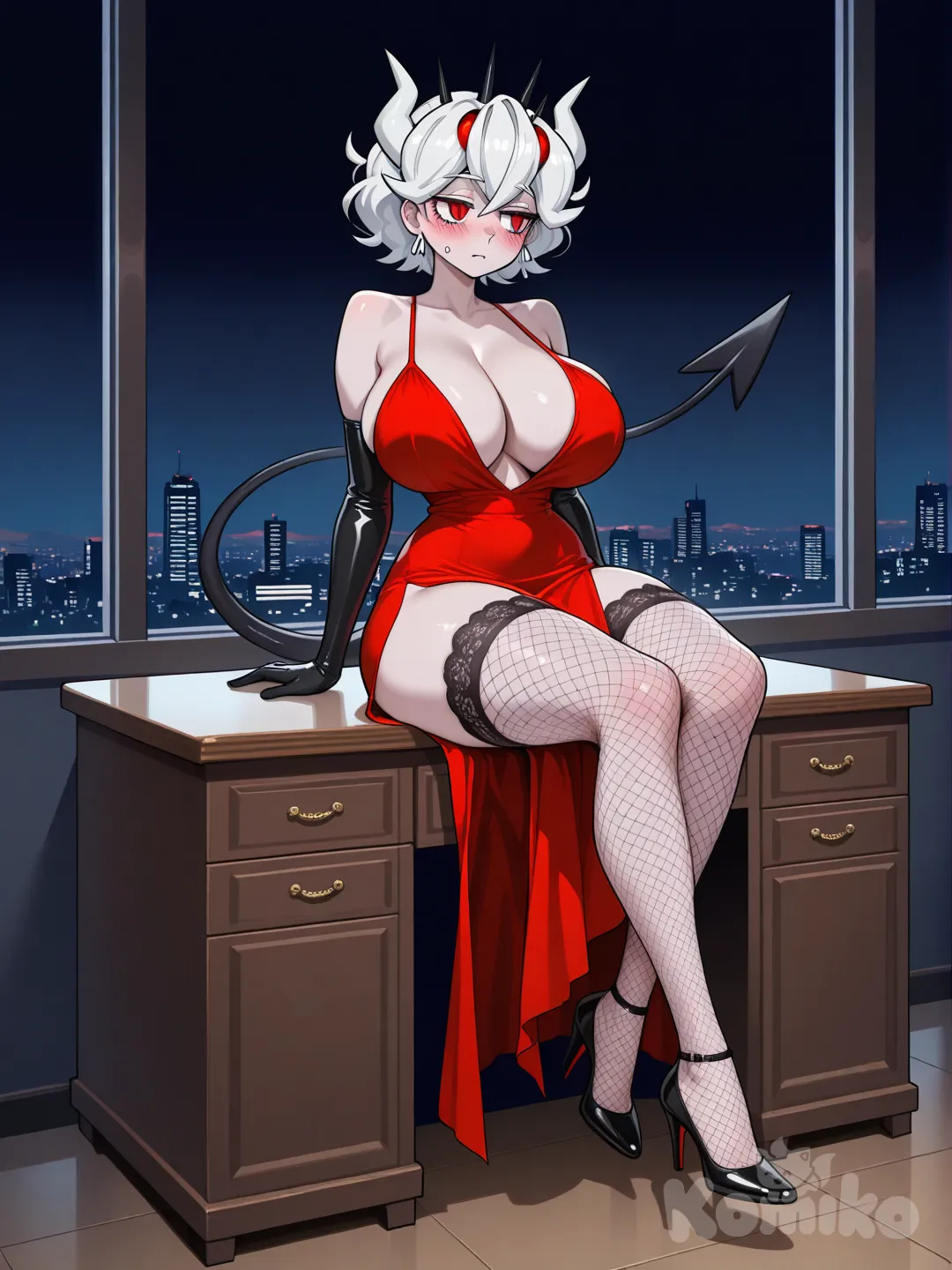 Voluptuous mature Beelzebub (Helltaker), exaggerated hourglass figure, extremely wide rounded hips, large pendulous breasts, narrow waist. Pale flawless skin, crimson slit-pupil eyes, white hair, ivory horns, thin black dart-tipped tail. Digital illustration, anime-inspired, semi-realistic, anatomy, dramatic lighting, dark background.

, looking away, city lights, ultra-, ultra-wide shot, blush

Ella usa un vestido rojo escotado, medias de red de encaje negro , tacones altos y guantes elegantes negros largos.

( Su vestido es sensual y revelador )

De fondo hay una oficina ostentosa.

Ella está sentada sobre un escritorio.