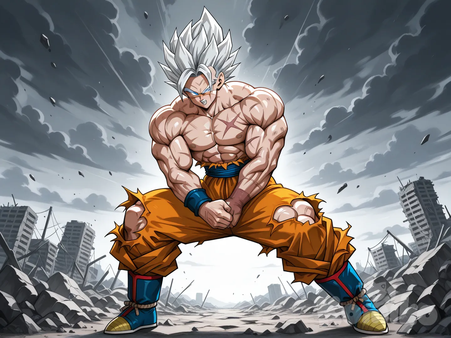 Retrato cuerpo completo, estilo épico semi-realista de anime. Vegetto (Dragon Ball) en un futuro post-apocalíptico.

Complexión poderosa y extremadamente musculosa, hiperdefinida, como una estatua griega de mármol viviente. Ausencia TOTAL del brazo derecho, hombro cicatrizado. Cicatriz delgada en la mejilla izquierda, cicatriz rugosa en forma de cráter en el pectoral derecho. Viste solo los restos rasgados y descoloridos de su pantalón de entrenamiento Saiyajin, cubriendo la cadera y la entrepierna. Postura de batalla desafiante, mirada intensa y severa. Iluminación dramática con contraluces, ambiente de ruinas polvorientas, tonos áridos y cielo tormentoso. Hiperdetalle anatómico en músculos, cicatrices y texturas. Estilo: mezcla de Akira Toriyama con Greg Rutkowski y Artgerm. --ar 2:3 --style raw --stylize 180