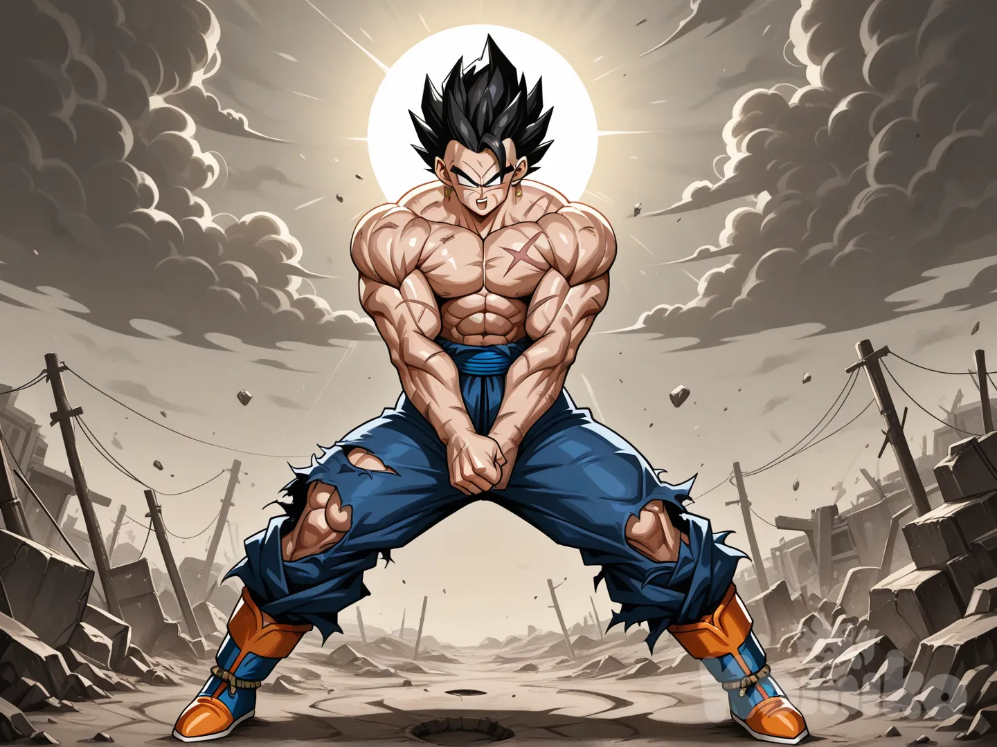 Retrato cuerpo completo, estilo épico semi-realista de anime. Vegetto (Dragon Ball) en un futuro post-apocalíptico.

Complexión poderosa y extremadamente musculosa, hiperdefinida, como una estatua griega de mármol viviente. Ausencia TOTAL del brazo derecho, hombro cicatrizado. Cicatriz delgada en la mejilla izquierda, cicatriz rugosa en forma de cráter en el pectoral derecho. Viste solo los restos rasgados y descoloridos de su pantalón de entrenamiento Saiyajin, cubriendo la cadera y la entrepierna. Postura de batalla desafiante, mirada intensa y severa. Iluminación dramática con contraluces, ambiente de ruinas polvorientas, tonos áridos y cielo tormentoso. Hiperdetalle anatómico en músculos, cicatrices y texturas. Estilo: mezcla de Akira Toriyama con Greg Rutkowski y Artgerm. --ar 2:3 --style raw --stylize 180