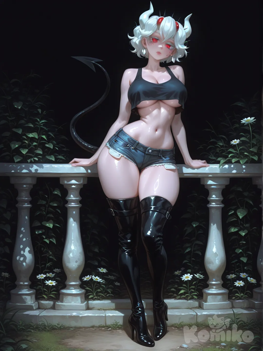 1girl, Beelzebub helltaker, mature female, demon, voluptuous physique, exaggerated hourglass figure, (wide child-bearing hips:1.3), (narrow waist:1.2), (large heavy breasts:1.3), soft abdomen, (prominent rounded buttocks:1.2), thick thighs.La piel es de un pale white, flawless, smooth.
El rostro ne sharp facial structure, delicate jawline, pale lips slightly rosy. Los ojos son almond-shaped eyes, deep crimson irises, vertical slit pupils, thin white eyelashes. El cabello es short hair, stark white. De la cabeza emergen two long curved horns, polished chitinous texture, ivory white.

tail, thin prehensile tail, jet black, pointed triangular tip, emerging from coccyx.En la piel, small single dark beauty mark on lower left pelvic region, just above pubic area. vulva, defined labia, pale complexion consistent with skin tone.

, full body, depth of twilight, cinematic lighting.

Ella viste una camiseta corta sin mangas tipo body que cubre su torso enmarca sus curvas y sus tetas, usa a juego unos shorts vaqueros cortos y un par de botas altas con tacón. Censura tácita 

[sensual-glossy-style], front profile photo, garden.

Ella se apoya en un barandal mientras menea el culo de un lado a otro.

Ella tiene una expresión tranquila
