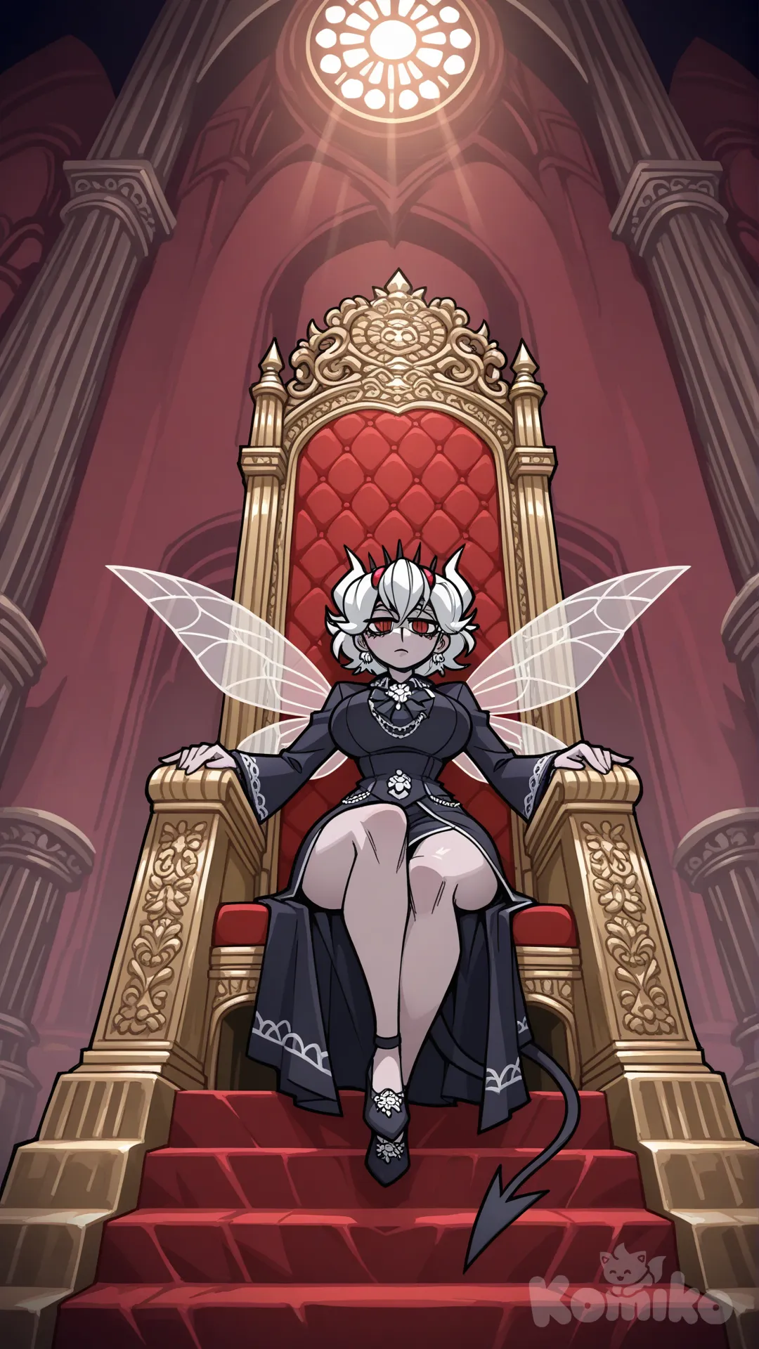 (Alto detalle: 1.3), (Resolución 8k)

Beelzebub (Helltaker) - Figura femenina madura y voluptuosa (silueta exagerada de reloj de arena: caderas muy anchas, cintura estrecha, busto prominente), distribución suave de la grasa corporal sobre musculatura tonificada, glúteos prominentes y redondeados, muslos gruesos, piel pálida e impecable.

(Rasgos faciales definidos y elegantes), (piel pálida), (ojos de color carmesí intenso), (pupilas verticales), (cabello corto y blanco), (labios carnosos de color rosa pálido).

(Cuernos blancos largos y curvados desde las sienes), (textura quitinosa), (cola negra, delgada y flexible con punta triangular afilada), (pequeñas alas de mosca transparentes en la espalda).

(Beelzebub de Helltaker de cuerpo entero), (en postura segura), está sentada sobre un trono, elegante, fondo de palacio siniestro, detalles intrincados, iluminación dramática. 

Pintura digital, estilo de arte conceptual (inspirada en Vanripper), enfoque nítido, detalles intrincados, alto contraste, resolución 8k.

(Ella usa un vestido estilo vintage). vista desde abajo, profundidad de campo, lente panorámica, plano general, luz de escenario, crepúsculo, inexpresiva.