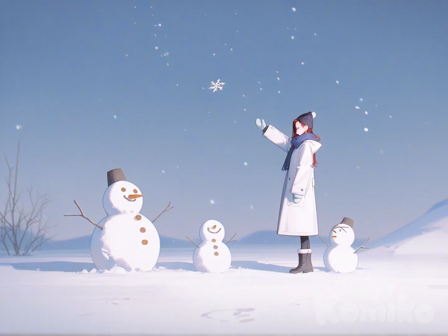 Jessica Rabbit, in winter clothing, in the snow SFW, holding hand out, snowflakes, snowman, [high-contrast-glossy-style]