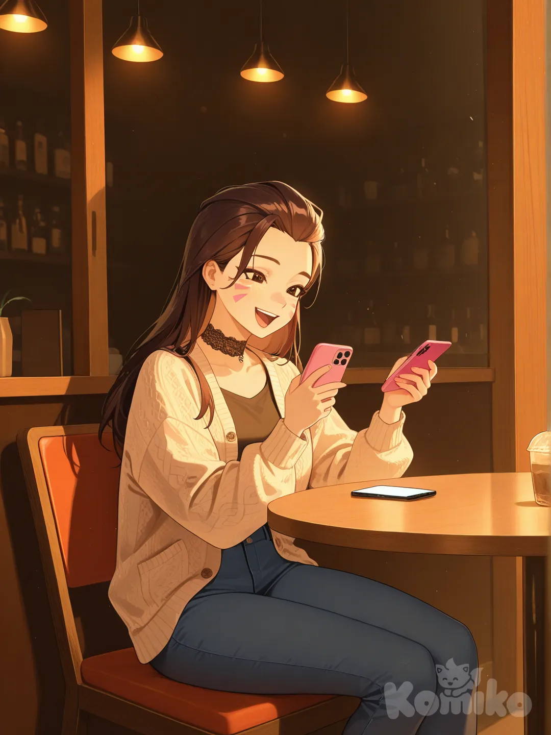 @D.Va_(Overwatch), looking at phone, laughing, knitted cardigan, jeans, lace, choker, slicked-back hair, headshot, wide shot, top light, ambient light, cafe