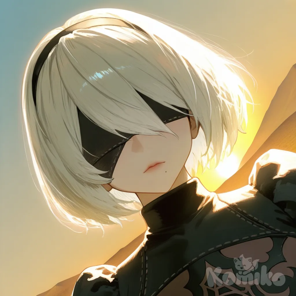 @2B_(Nier:Automata), [sensual-glossy-style], closeup, upper body, wide shot, from below, ambient light, backlight, desert, gradient background