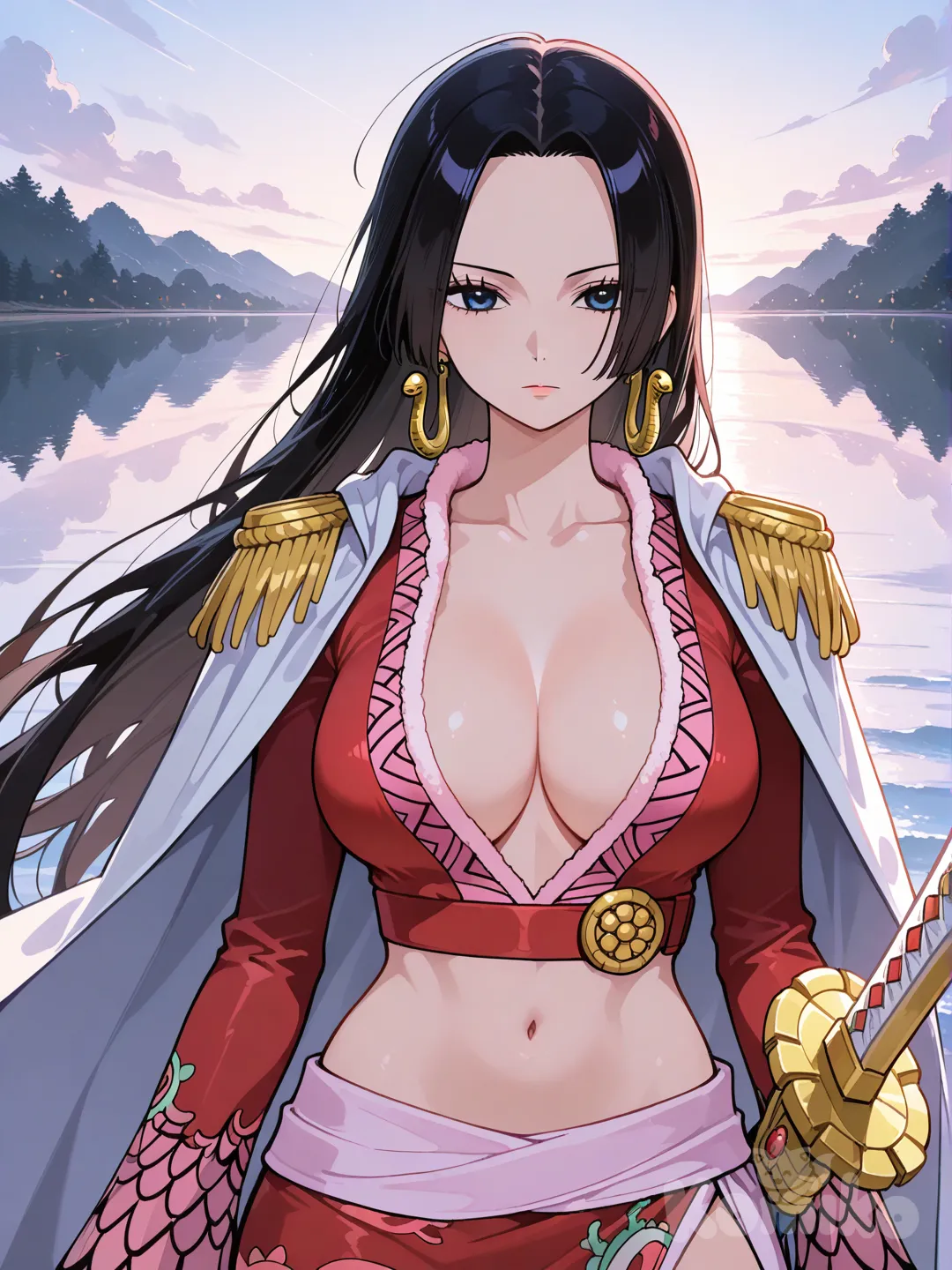 @Boa_Hancock, holding sword, expressionless, upper body, closeup, panoramic lens, front profile photo, lake, ambient light, day, cowboy shot