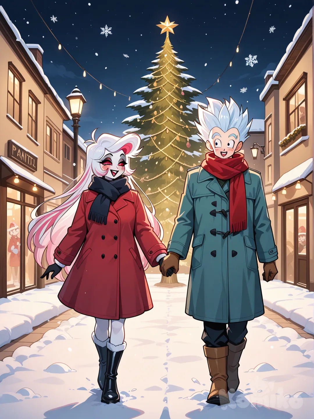 Gohan (Dragon Ball Z) y vaggie (Hazbin Hotel), en un paseo navideño.