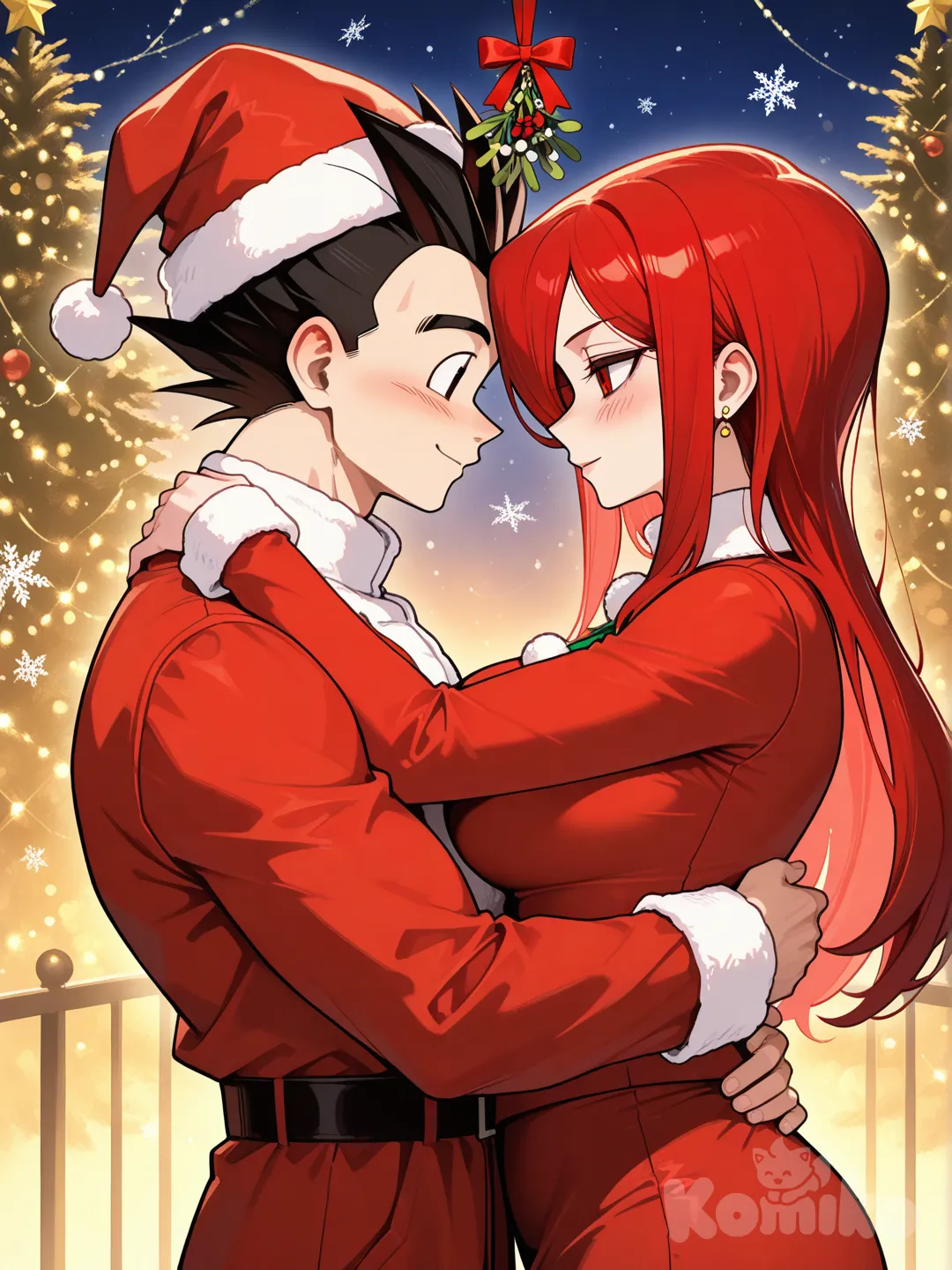 Gohan (Dragon Ball Z) y Parasoul (Skullgirls) abrazándose en navidad.