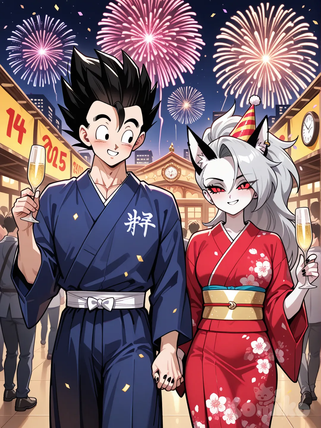 Gohan (Dragon Ball Z) y Loona (Hellhound form, Helluva Boss) En una fiesta de año nuevo.