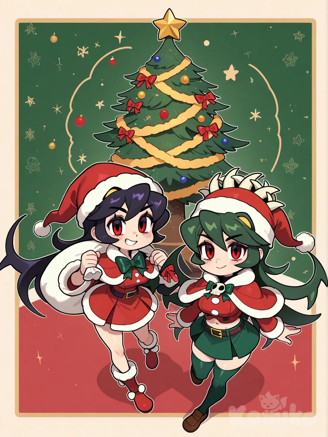Filia y fukua (Skullgirls) en ropa navideña.